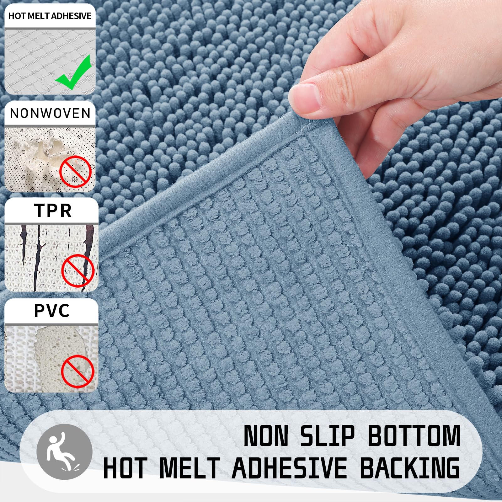 Yimobra Luxury Chenille Shaggy Bathroom Rug Mat - 32''x20'' Extra Soft Thick Absorbent Non-Slip Bath Mat for Bathroom Floor, Tub & Shower - Machine Washable Denim Blue - Perfect for Spa-Like Bathroom Decor & Cozy Home Comfort