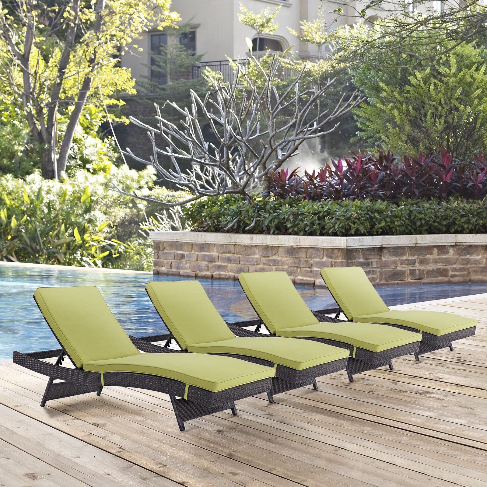 Modway Convene Wicker Rattan Outdoor Patio Chaise Lounge Chairs Set of 4 - Espresso & Peridot Color for Poolside, Garden, and Backyard Relaxation
