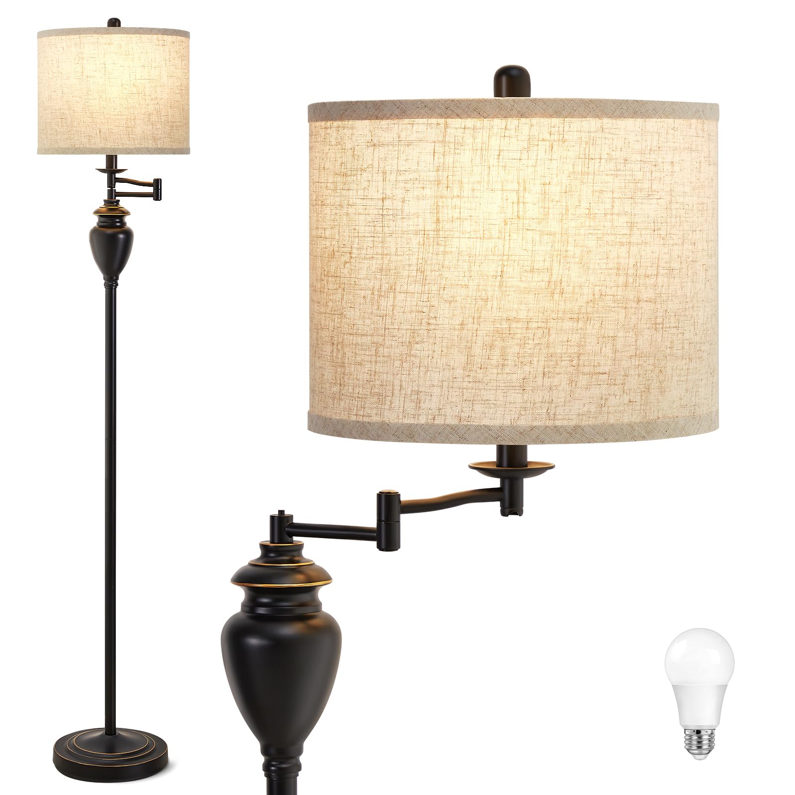 Adjustable Swing Arm Floor Lamp - 3 Color Temperatures & 350° Rotation, Vintage Farmhouse Style Standing Lamp for Living Room, Bedroom, Office, Nursery, Study or Hotel - Perfect for Reading, Working & Cozy Lighting