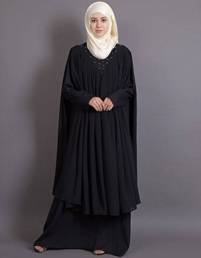 Elegant Black Arabic Embroidered Double Layer Abaya Dress for Women - Perfect for Parties, Weddings & Special Occasions