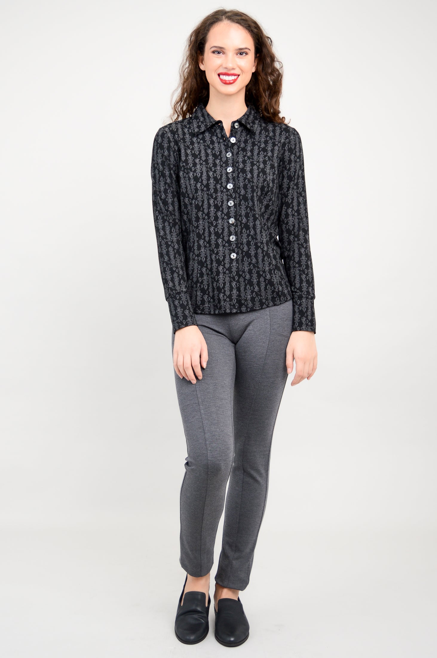 Harley Long Sleeve Top for Women - Soft Bamboo Fabric, Charcoal Paisley Print - Comfortable & Stylish Casual Shirt - Perfect for Work, Travel & Everyday Wear
