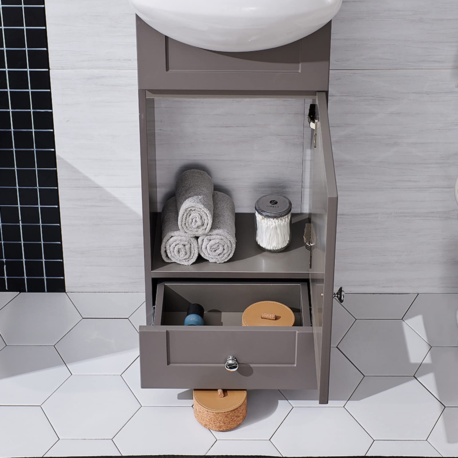 18 Inch Small Bathroom Vanity with Sink Combo - Freestanding Modern Grey Khaki Wood Vanity & Ceramic Vessel Sink Set - Space Saving Sink Cabinet with 1 Door & 1 Drawer - Perfect for Compact Bathrooms, Powder Rooms & Small Spaces