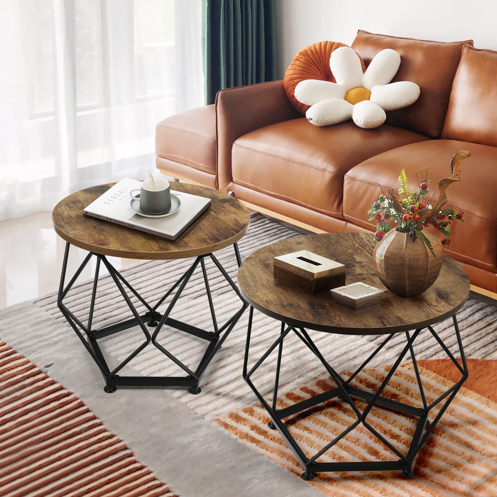 Modern Round Coffee Table Set of 2 - Wooden Top with Metal Frame Side Tables for Living Room, Bedroom, Home Office - Rustic Brown & Black End Tables | Perfect for Small Spaces, Farmhouse Decor & Coffee Nook Setup