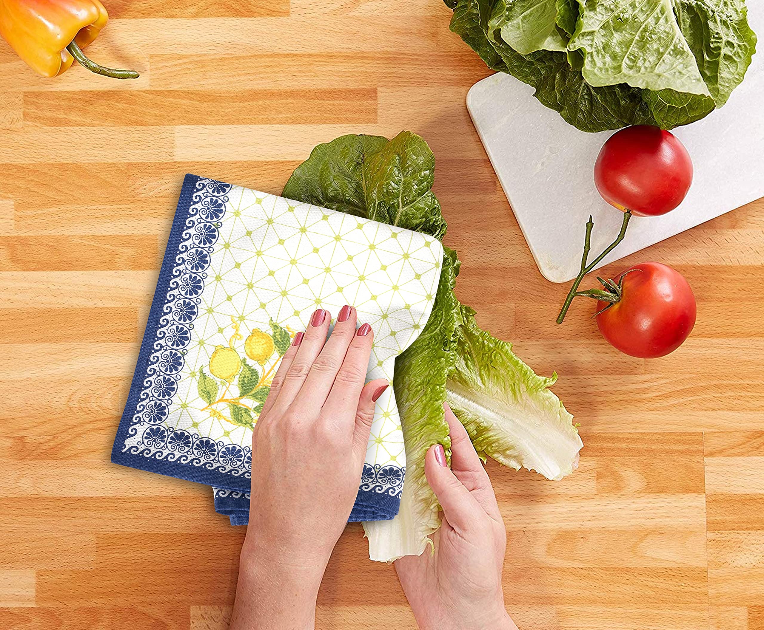 **FINGERCRAFT 100% Natural Cotton Kitchen Towels Set of 6 - Super Soft & Highly Absorbent Multi-Purpose Dish Cloths (20x30 Inches) for Cooking, Cleaning & Drying - Lemon Leaf Design**    *(Perfect for Dishes, Countertops, Hands, Glassware & Everyday Kitchen Use)*