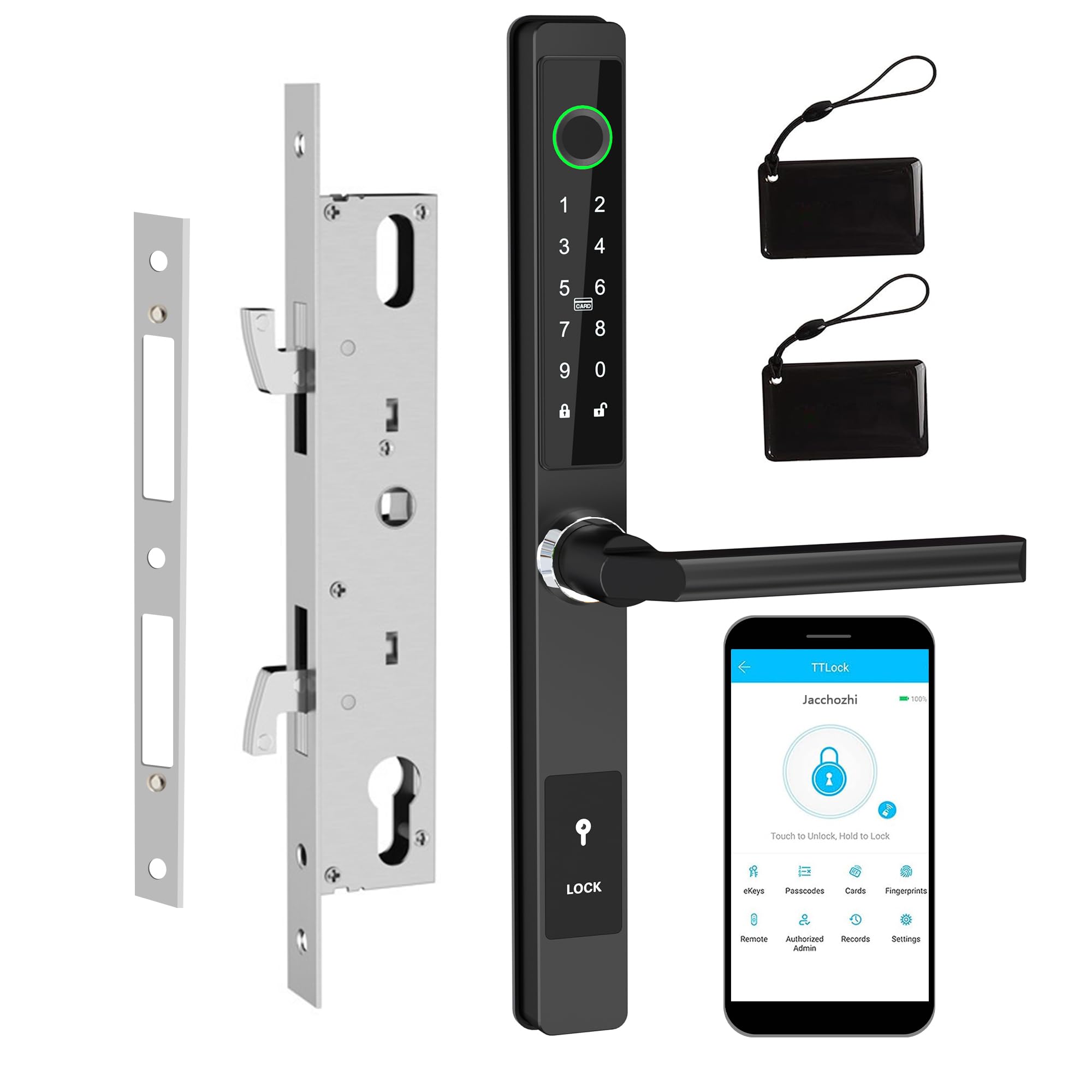 Smart Sliding Glass Door Lock - Waterproof Keyless Entry with WiFi, Bluetooth & Fingerprint - Aluminum Digital Keypad Mortise Lock with Handle (Black, Large) - Perfect for Patio, Balcony & Home Security