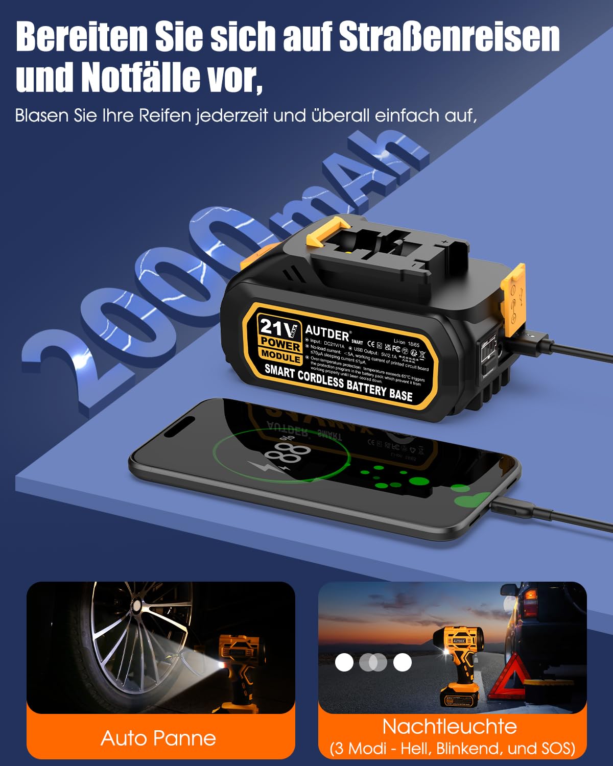 AUTDER Portable Air Compressor, Cordless Tire Inflator 180 PSI with Dual Power Source, 21V Battery/12V DC, Digital Pressure Gauge, Auto Shut-Off - Perfect for Cars, SUVs, Bikes & Inflatables On The Go (Yellow-Black)