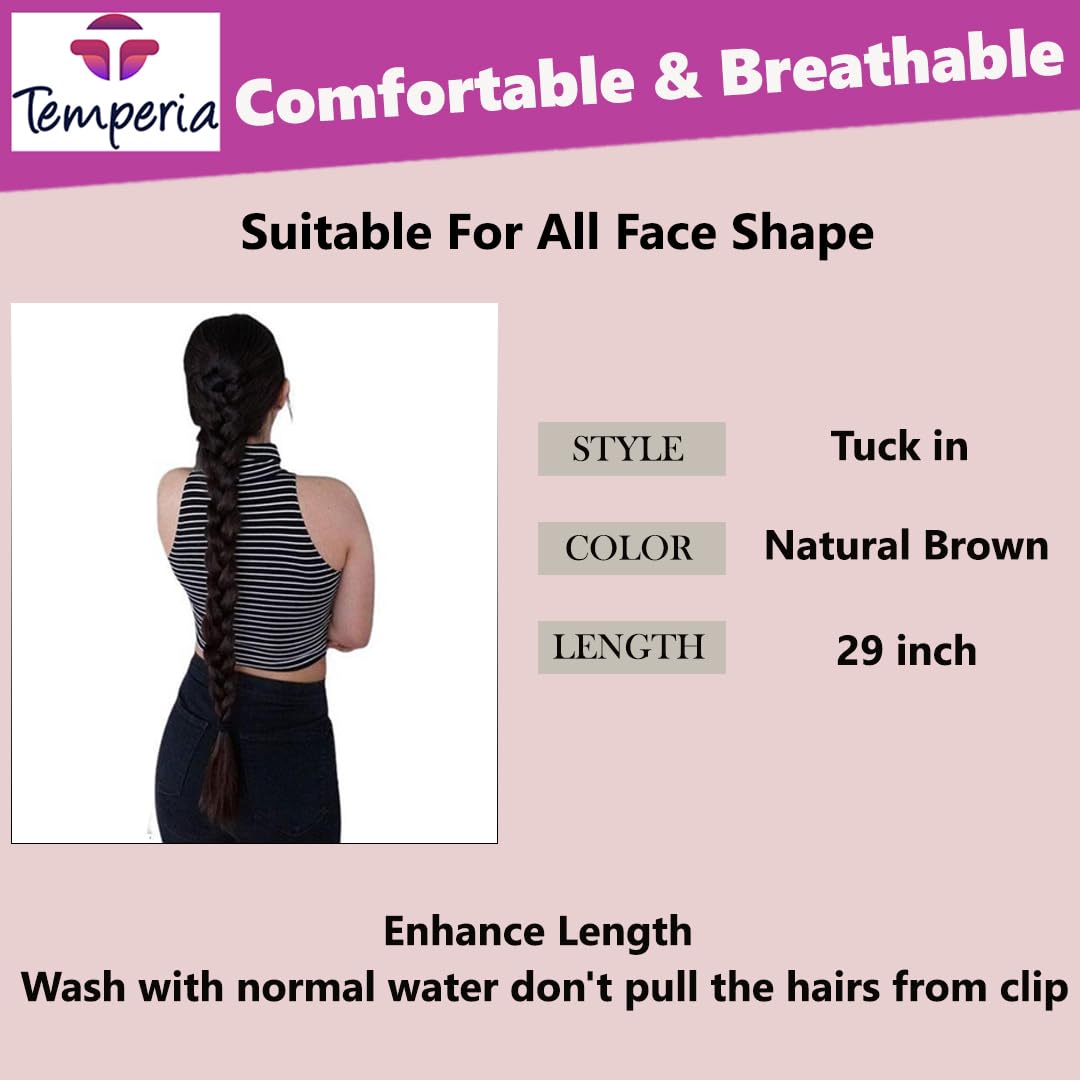 Temperia Artificial Long Hair Extensions for Women & Girls - Fake Hair Braid Attachment - Natural Brown Synthetic Hair Wig (1 Piece) - Perfect for Parties, Weddings, Cosplay and Daily Styling