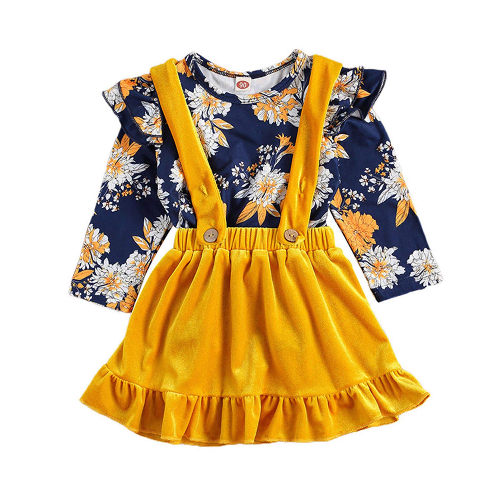 **Princess Toddler Dress Set - Long Sleeve Floral Top & Solid Skirt Outfit for Girls (Yellow, 5-6 Years) | Perfect for Birthday, Party & Welcome Home Gifts**