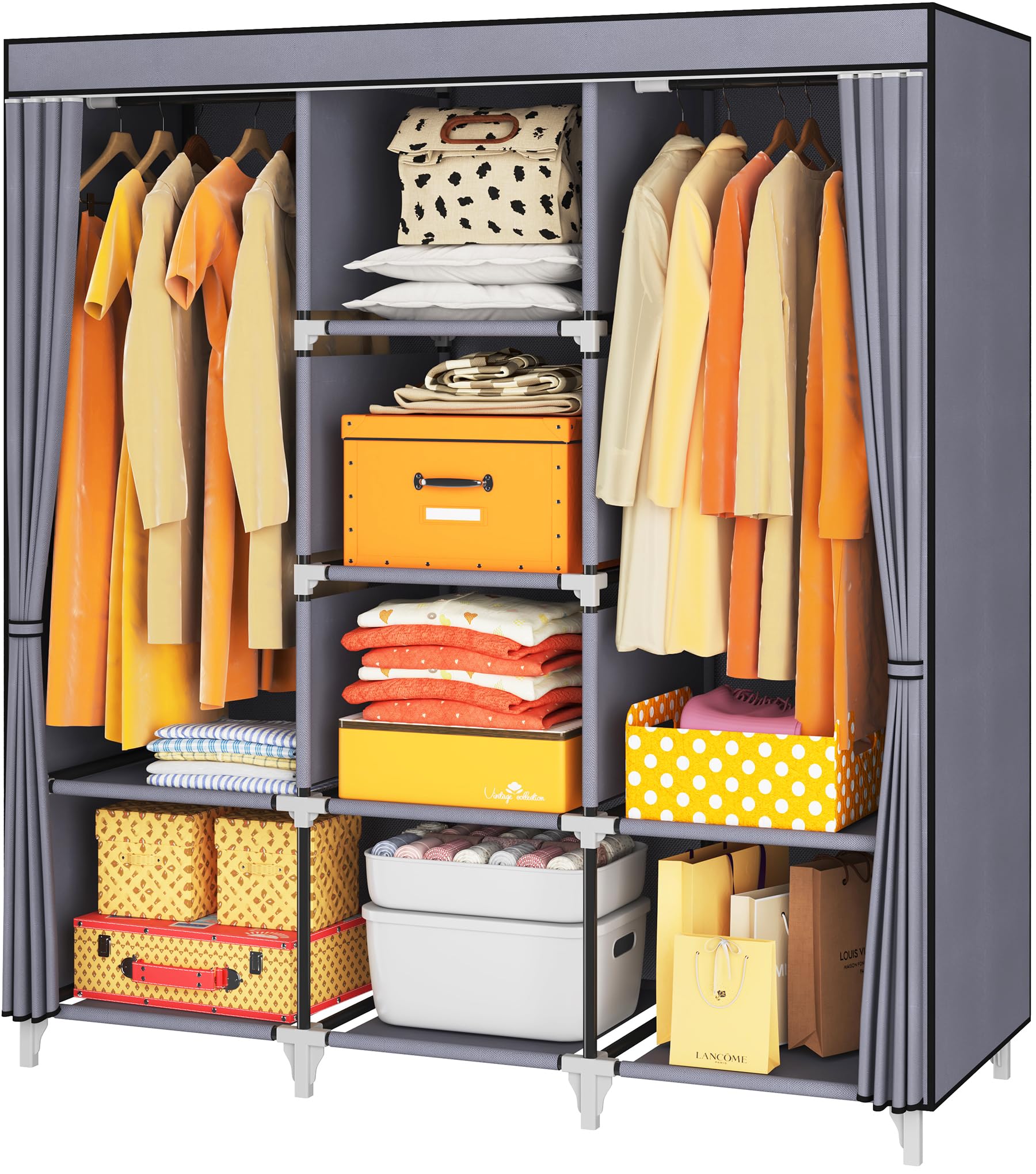 53 Inch Portable Closet with 2 Hanging Rods & 8 Shelves - Non-Woven Fabric Wardrobe for Clothes Storage - Easy Assembly Grey - Perfect for Small Spaces, Dorm Rooms & Temporary Closet Solutions