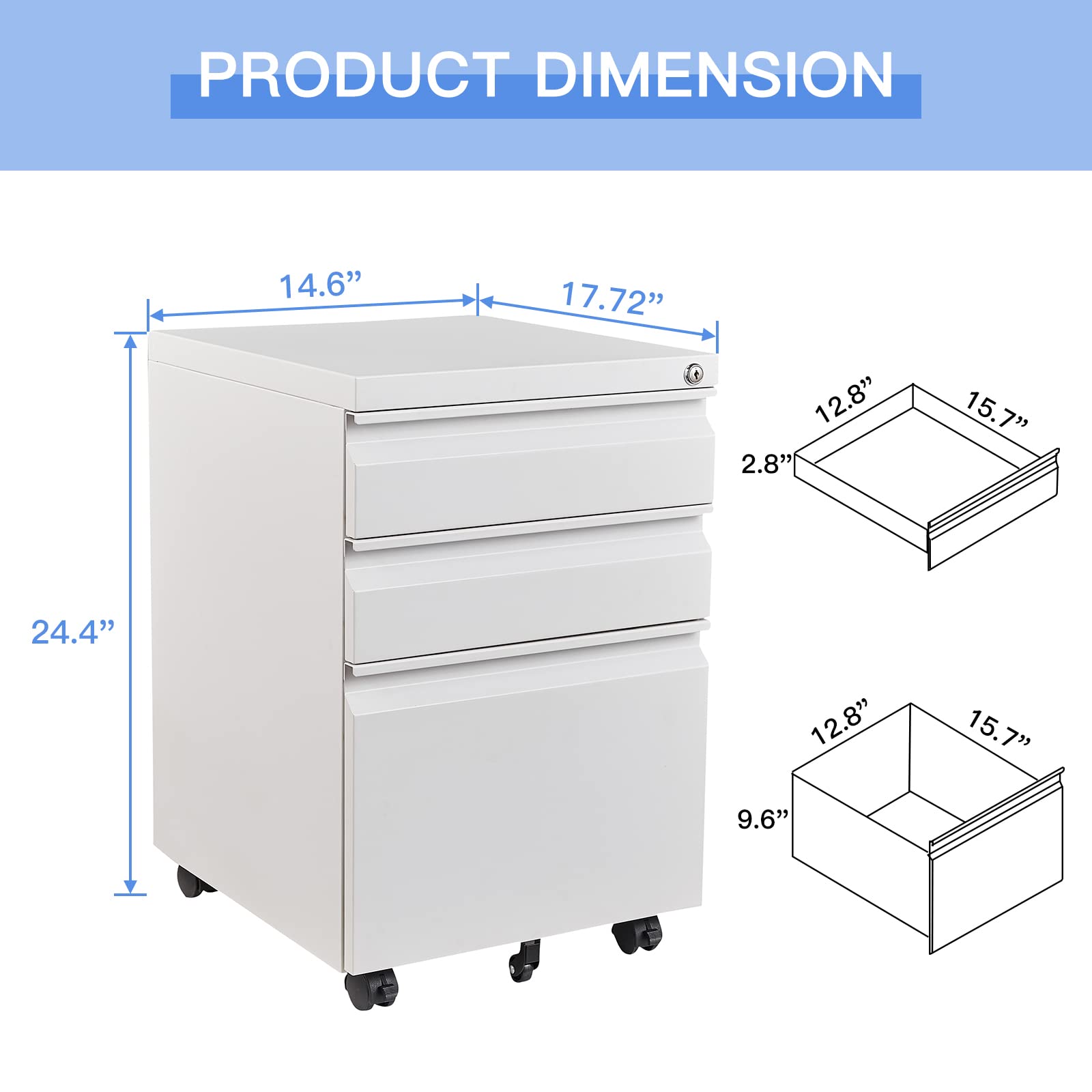 Yizosh 3-Drawer Locking Mobile File Cabinet - White Under Desk Rolling Storage Organizer for Legal/Letter/A4 Files - Heavy Duty Metal Locking File Cabinet with Wheels (Fully Assembled) - Perfect for Office, Home, or Classroom Organization