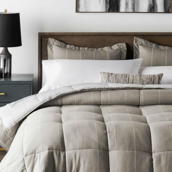 LCDM Gray King Size 3-Piece Bedding Set - Down Alternative Chambray Pin Striped Reversible Comforter, 106