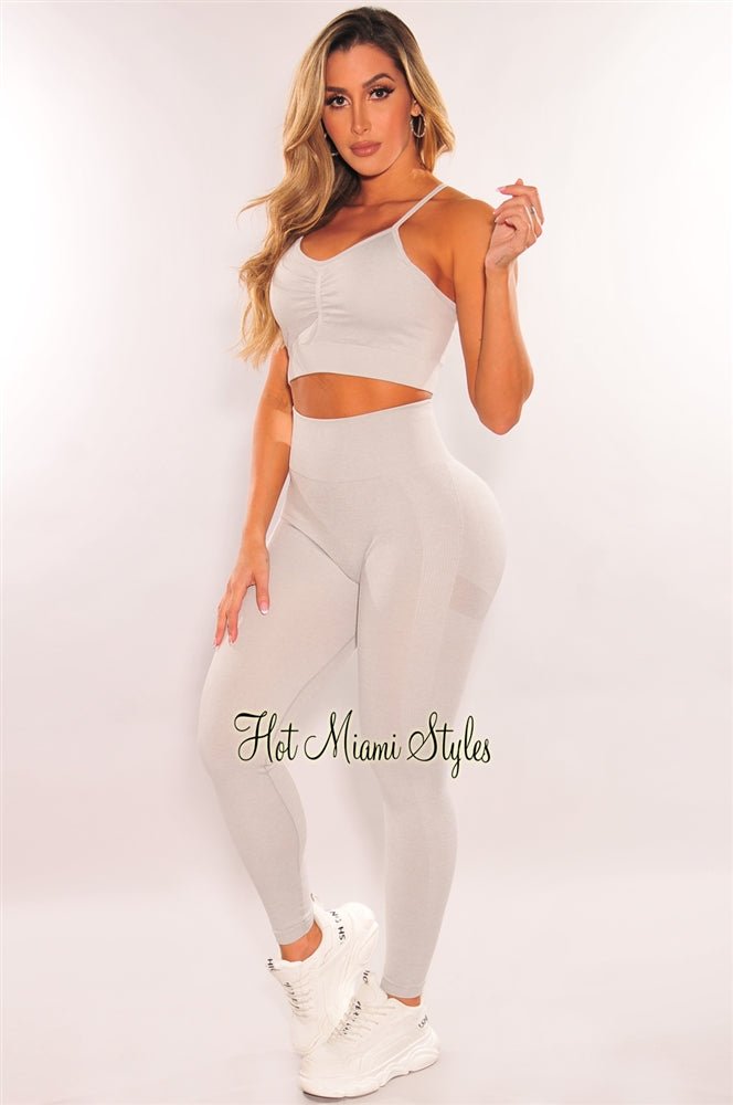 HMS Fit Light Gray Marl Racerback Butt Lifting Leggings 2-Piece Set - High Waisted Workout Outfit for Yoga, Gym & Running