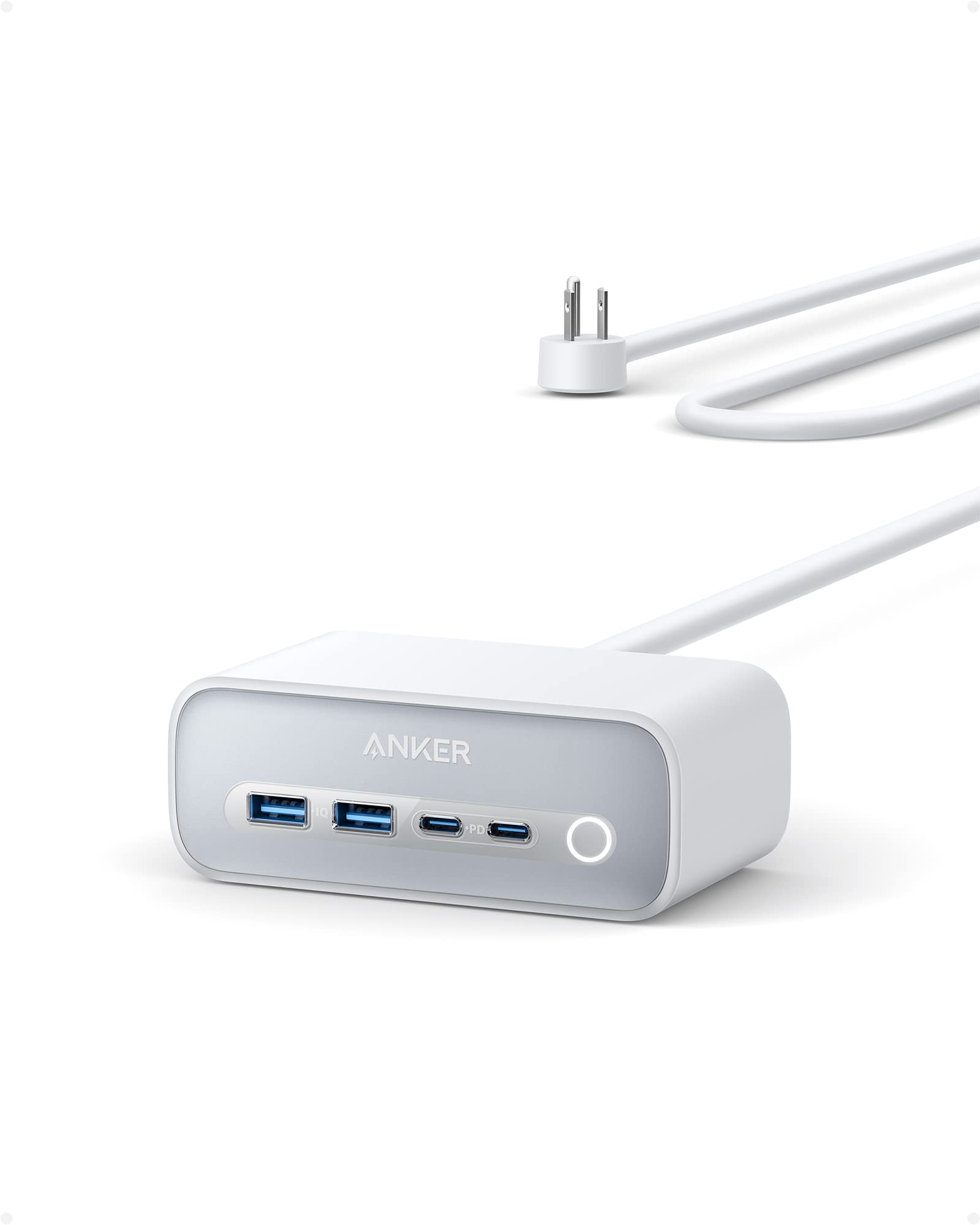 Anker 525 7-in-1 USB C Charging Station with 5ft Extension Cord - 65W Power Delivery for iPhone 13/14, MacBook Pro - 3 AC Outlets & 4 USB Ports (2 USB-A, 2 USB-C) - Compact Power Strip for Home, Office & Travel (Aurora White)