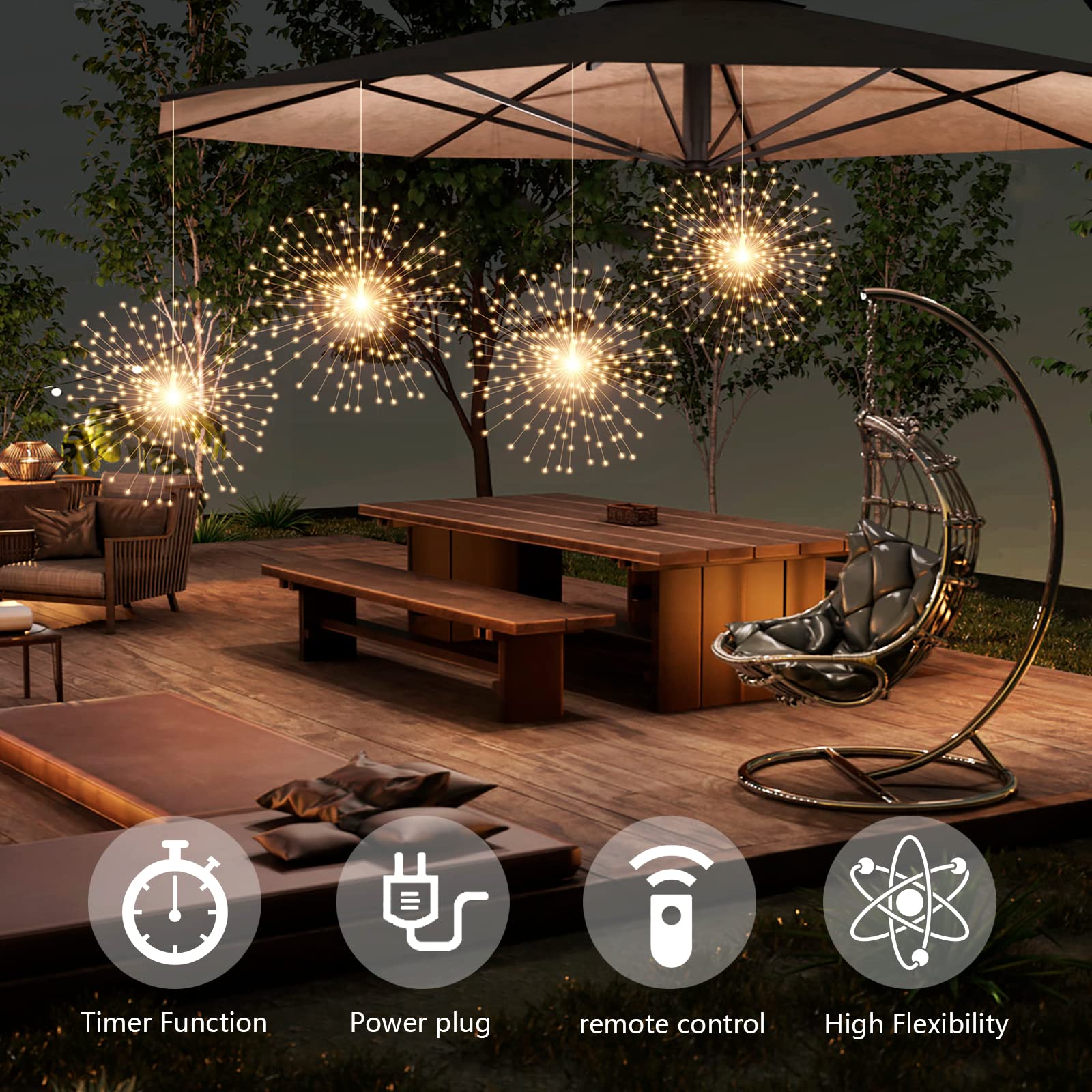 4 Pack 800 LED Plug-in Starburst Sphere Lights - Firework Lights with 8 Modes, Dimmable Remote Control & Waterproof Design - Copper Wire Fairy Lights for Patio, Garden, Tent, Christmas, Wedding & Party Decorations (Warm White) - Perfect for Indoor/Outdoor Holiday Lighting & Special Events