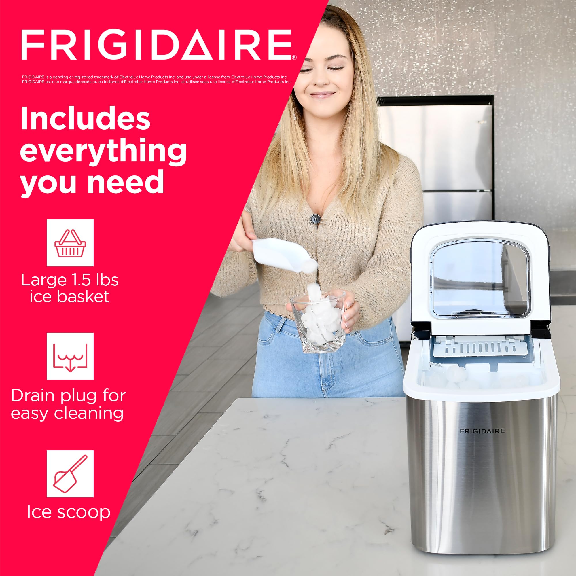Frigidaire Compact Countertop Ice Maker - 26 lbs Daily Output, Bullet Ice Cubes, Stainless Steel - Perfect for Home Bars, Offices, and Small Kitchens