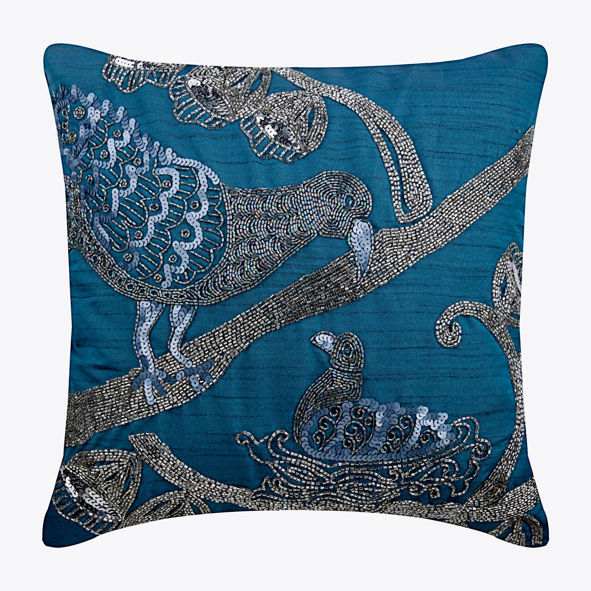 Birdy Love Teal Blue Art Silk Throw Pillow Cover - Decorative Cushion Case for Sofa, Bed, Living Room & Home Decor