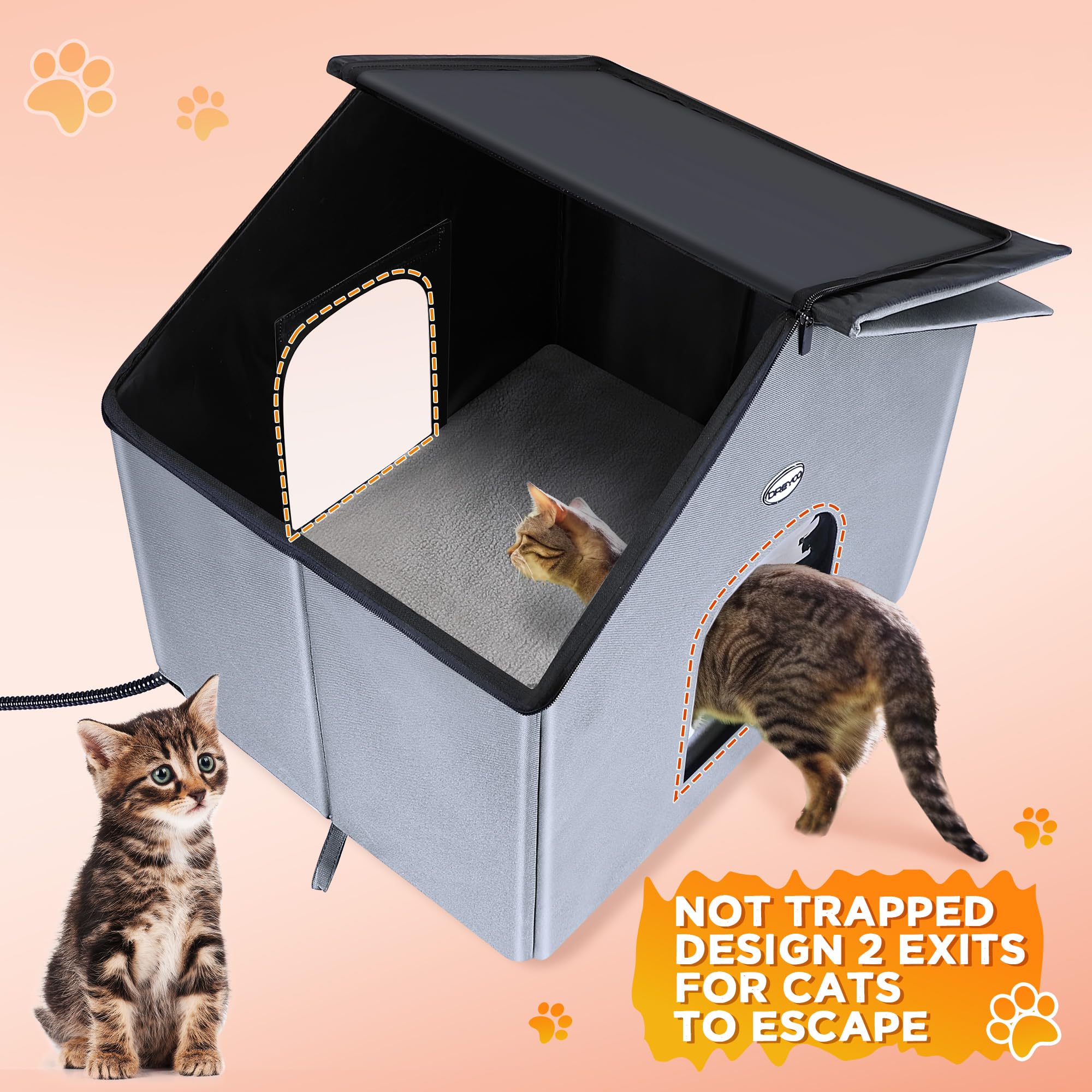 Dreyoo Large Heated Outdoor Cat House - Weatherproof Insulated Shelter with Heating Pad & Dual Doors, Foldable Winter Cat Shelter for Feral & Stray Cats (18x19x16 Inches) - Perfect for Cold Weather, Garages & Backyards
