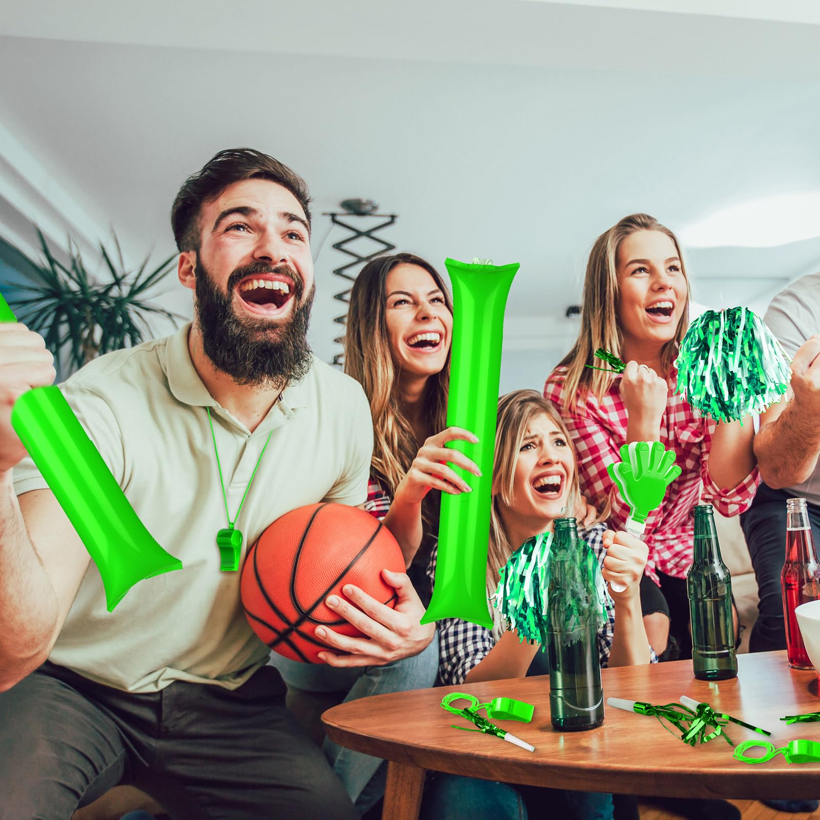 96 Pcs Noisemakers for Sports Events - Hand Clappers, Pom Poms, Thunder Sticks & Whistles