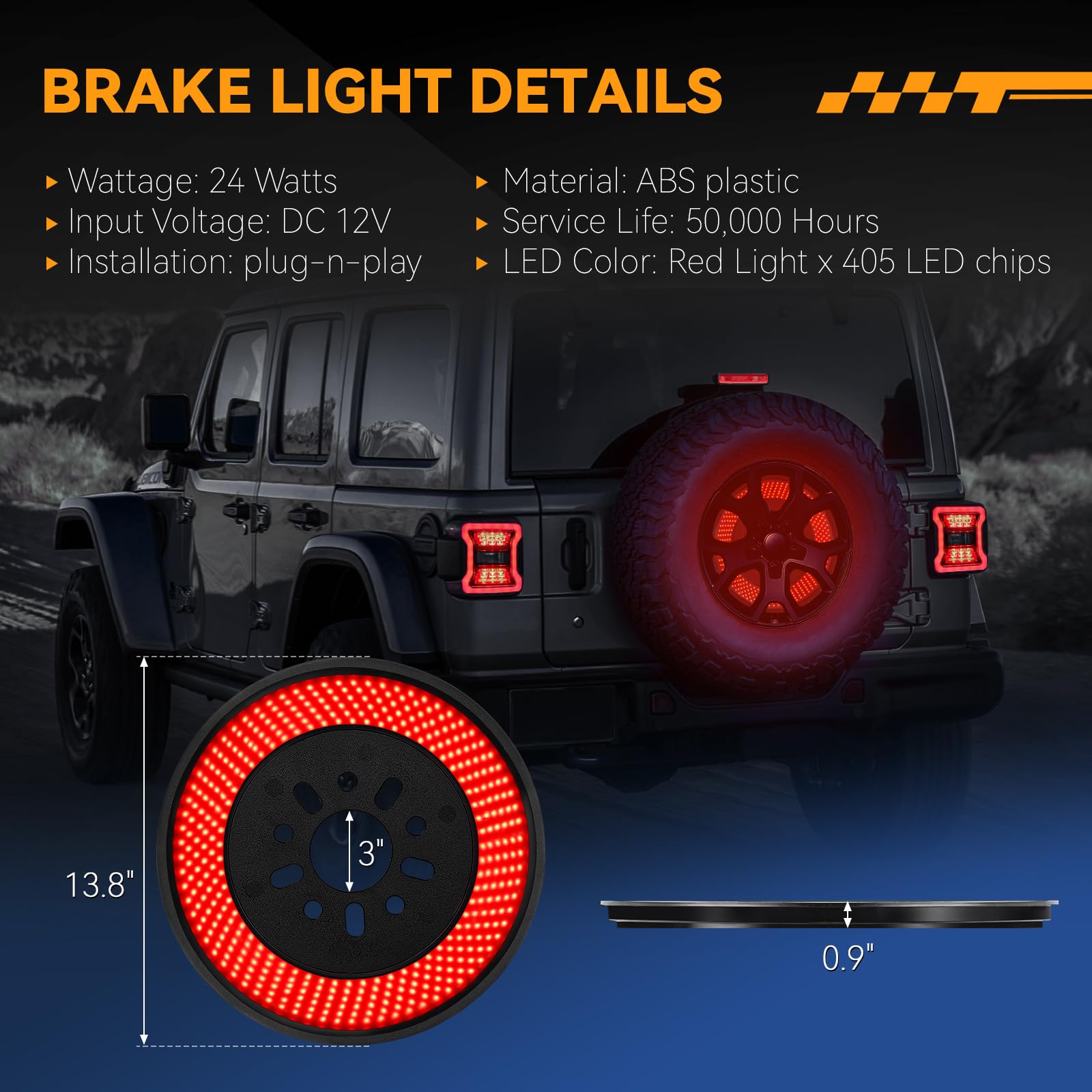 Super Bright 405PCS LED Spare Tire Brake Light for 2018-2025 Jeep Wrangler JL & JLU | Plug-N-Play 3rd Brake Light | Rear Tail Light Accessories | Perfect for Off-Roading & Night Driving Safety