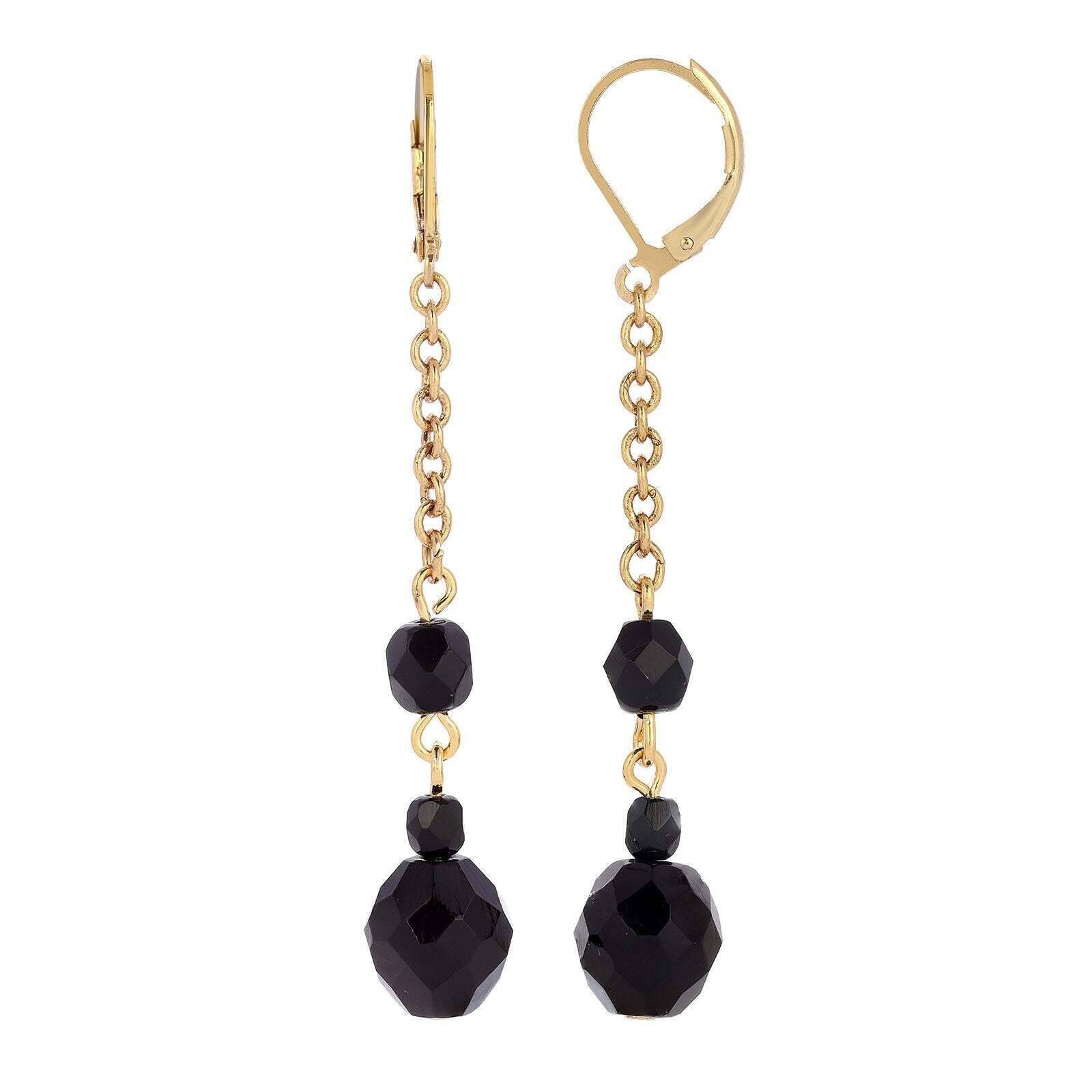 1928 Jewelry Minuit Black Glass Bead Drop Earrings for Women - Vintage Dangle Earrings for Evening Party, Wedding & Special Occasions