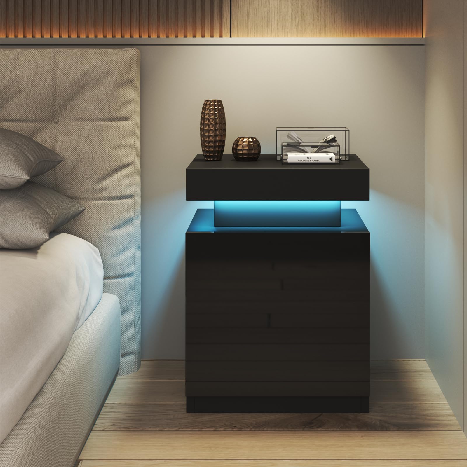 Oneinmil Nightstand Set of 2 - Modern LED Bedside Tables with Storage Cabinet & Touch Lights - Black End Tables for Bedroom, Living Room & Office (Perfect for Reading, Charging Devices & Bedroom Decor)
