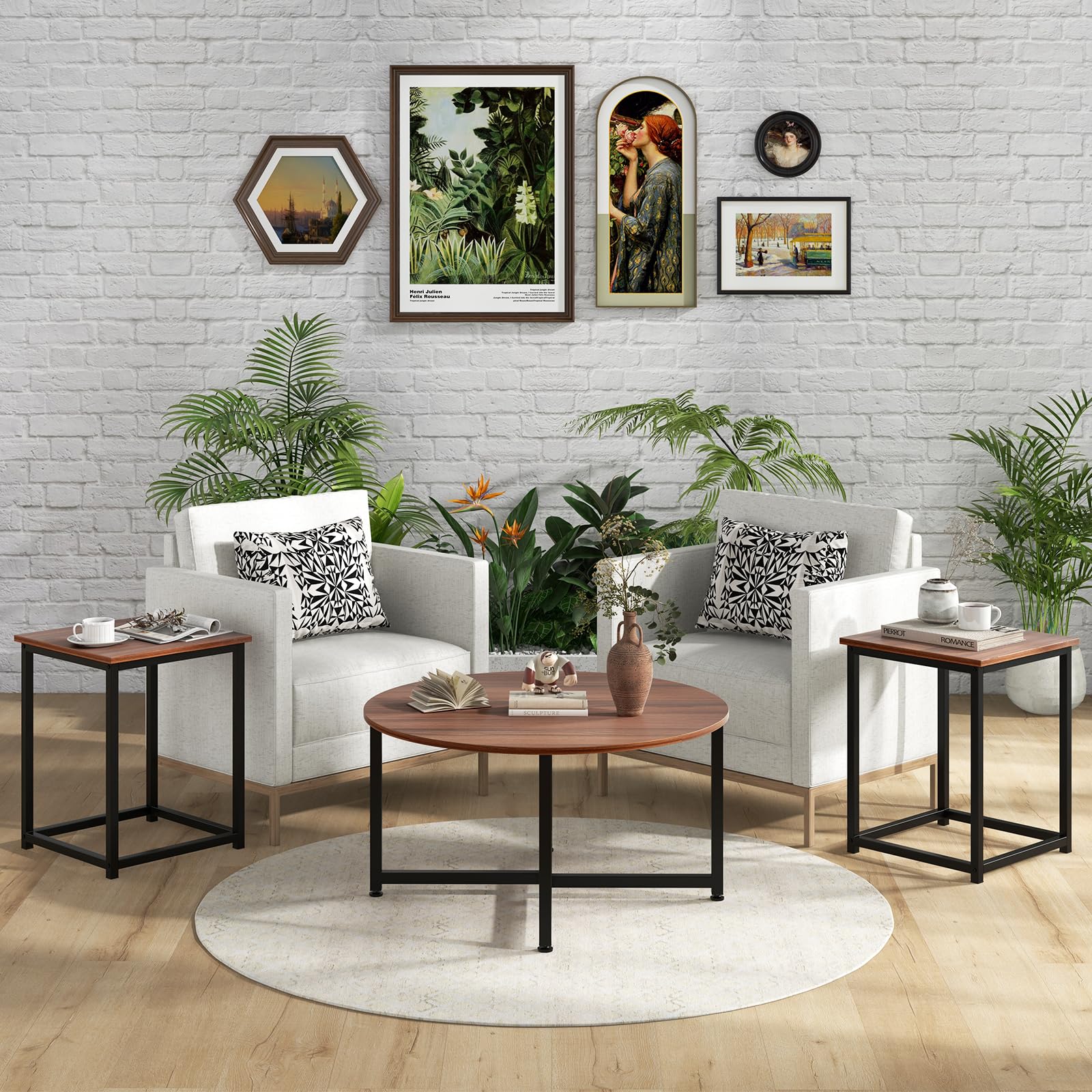 Giantex 3-Piece Round Nesting Table Set - Farmhouse Coffee Table with 2 End Tables, Sturdy Metal Frame & Wooden Top - Living Room, Home Office, Apartment Furniture (Walnut & Black) - Perfect for Small Spaces, Coffee Corner & Modern Farmhouse Decor