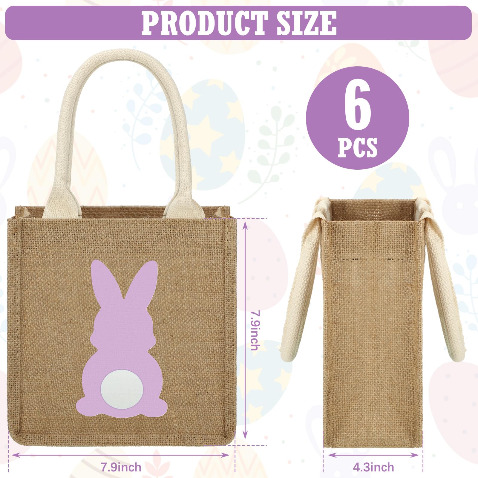 6 Pack Easter Burlap Gift Bags with Handles - 7.9x7.9x4.3 Inch Jute Baskets for Easter Bunny Treats, Party Favors & Holiday Decorations - Perfect for Easter Egg Hunts, Spring Celebrations and Classroom Gifts
