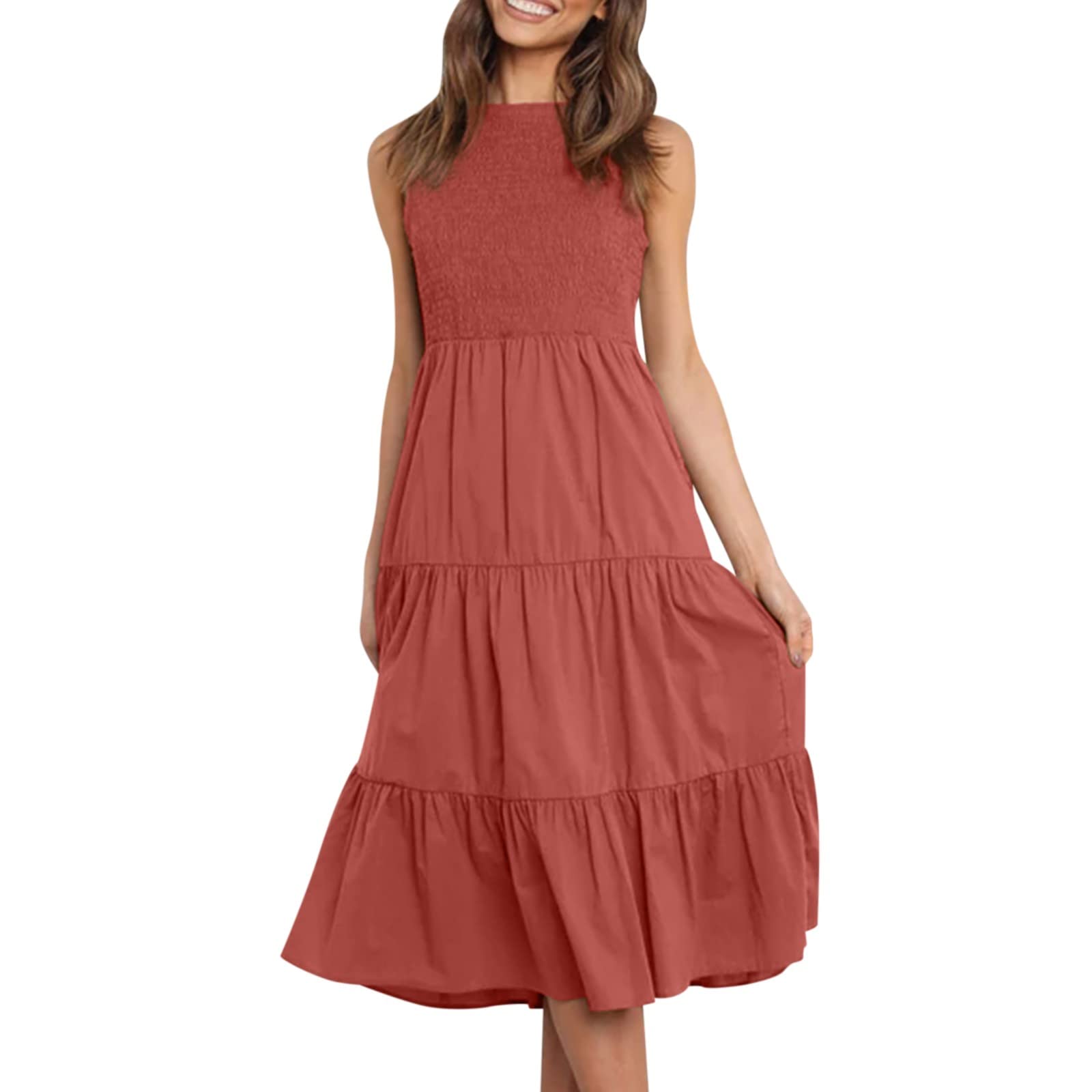 Women's Summer Midi Dresses - Casual Boho Sleeveless Smocked Maxi Dress for Beach, Vacation & Everyday Wear | Flowy Comfortable Dress for Women