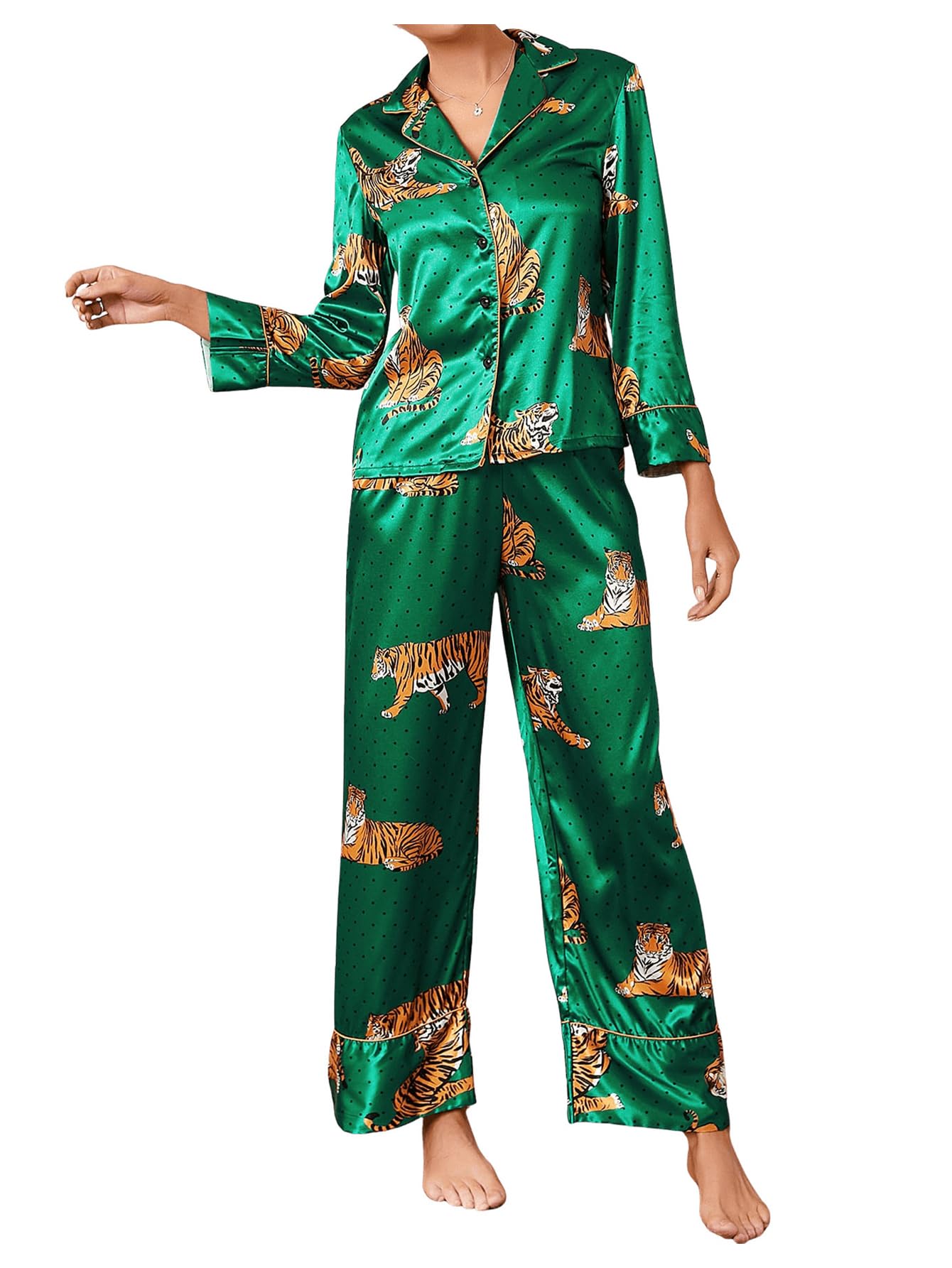 WDIRARA Women's Striped Satin Pajama Set - Short Sleeve Shirt & Pants Sleepwear for Comfortable Nightwear | Perfect for Lounging, Sleepovers and Relaxing at Home