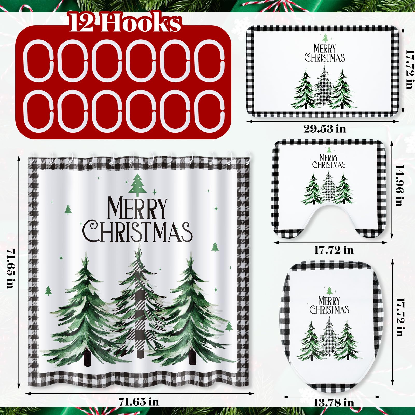 Newwiee 7-Pc Christmas Shower Curtain Set - Waterproof Bathroom Decor for Holiday