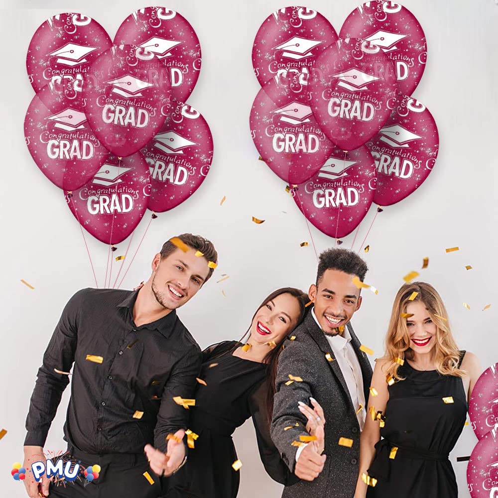 PMU Premium Crystal Burgundy Graduation Balloons with All-Over Print White Graduation Caps, Confetti & Streamers - 50 Latex Balloons per Pack | Perfect for Graduation Parties, School Celebrations & Commencement Decorations