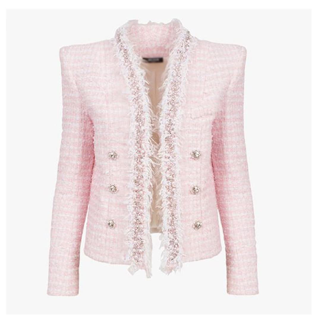 Luxury Pink Tweed Jacket for Women - Winter Beaded Cardigan with Tassels | Warm Thick Blazer Coat for Office, Parties & Date Nights