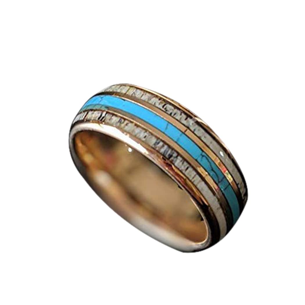 **Tungsten Deer Antler Ring for Men - 18K Rose Gold Wedding Band with Turquoise Inlay, 8mm Wide, Nature-Inspired Rustic Jewelry - Perfect for Outdoor Enthusiasts, Anniversary Gifts, and Unique Wedding Bands**    *(Use Case: Ideal for nature lovers, hunters, or those seeking rugged yet elegant wedding bands, anniversary gifts, or statement jewelry for outdoor adventures.)*