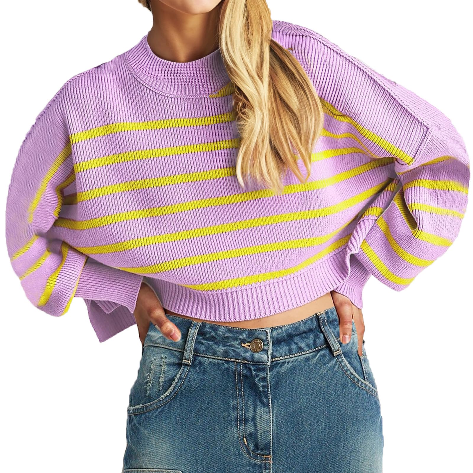 AnotherChill Women's Casual Cropped Oversized Pullover Sweater - Soft Crew Neck Striped Knit Sweater for Streetwear, Loungewear & Fall Fashion