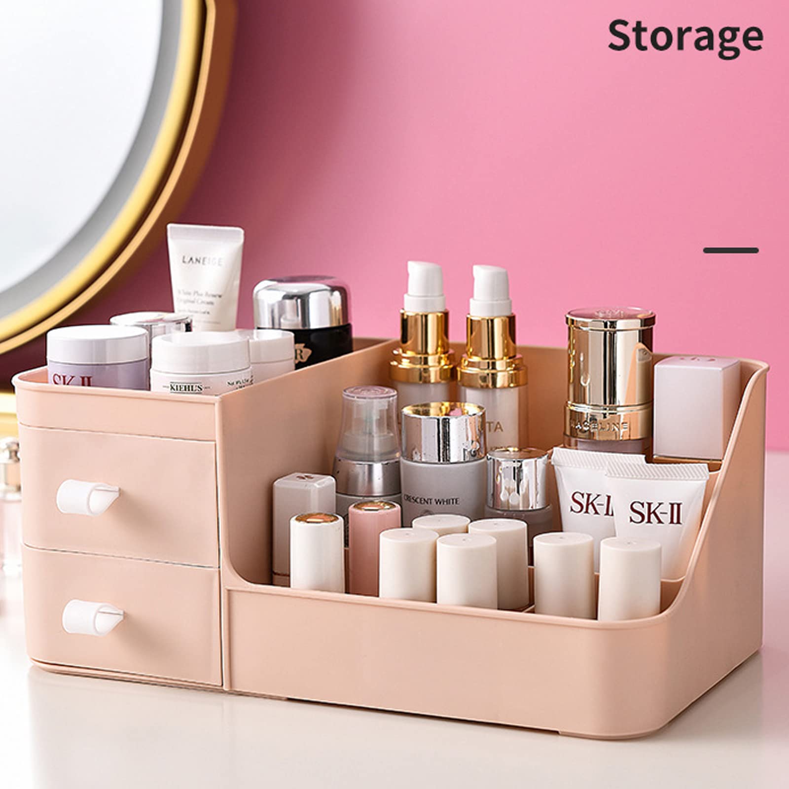 Polar Pink Makeup Vanity Organizer with Drawers - Skin Care & Cosmetic Storage for Lipstick, Eyeshadow, Brushes | Countertop Desktop Beauty Organizer for Bedroom & Bathroom