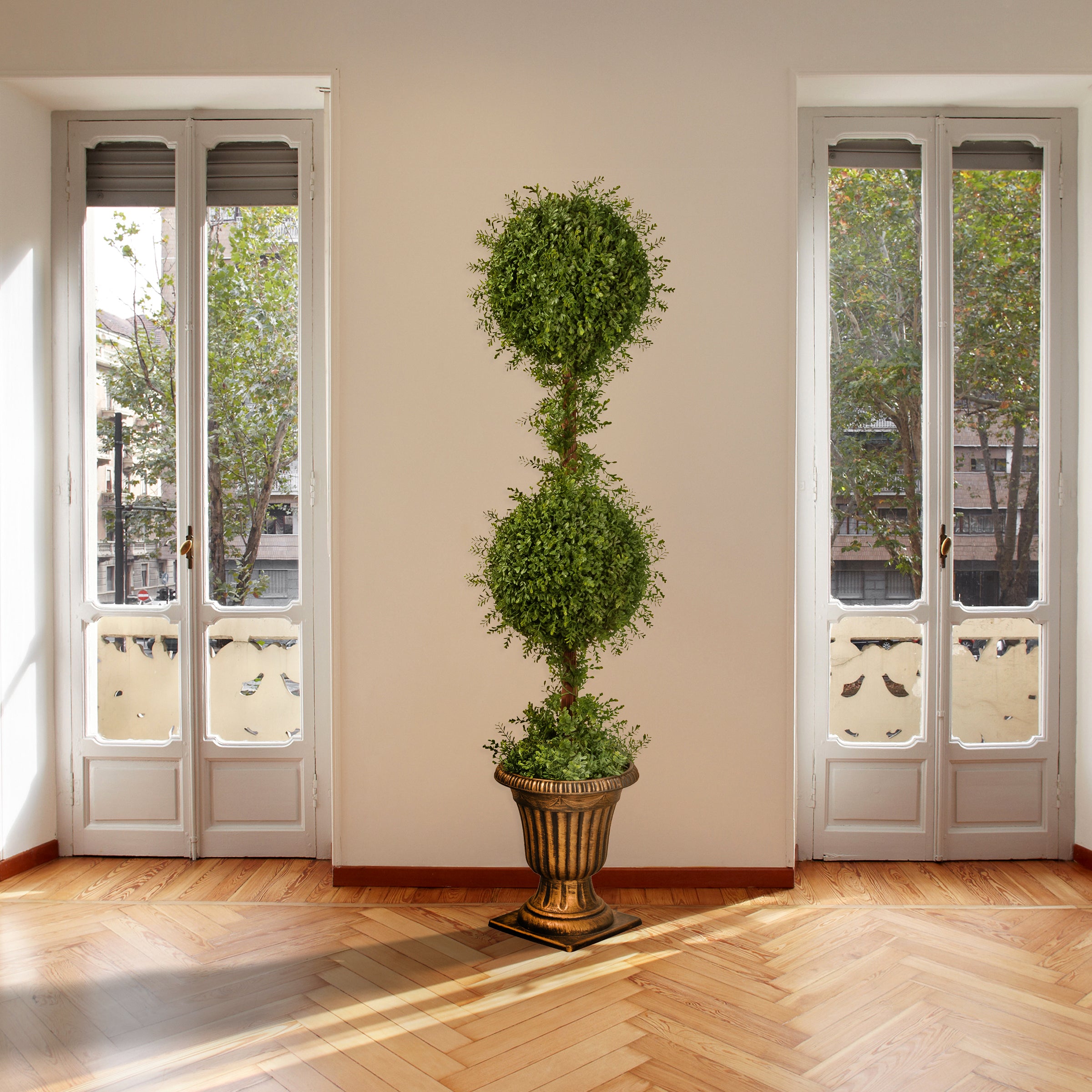 60 Inch Mini Tea Leaf 2 Ball Topiary Artificial Plant in Black with Gold Urn - Perfect for Home Decor, Office, Wedding Centerpieces & Indoor Greenery