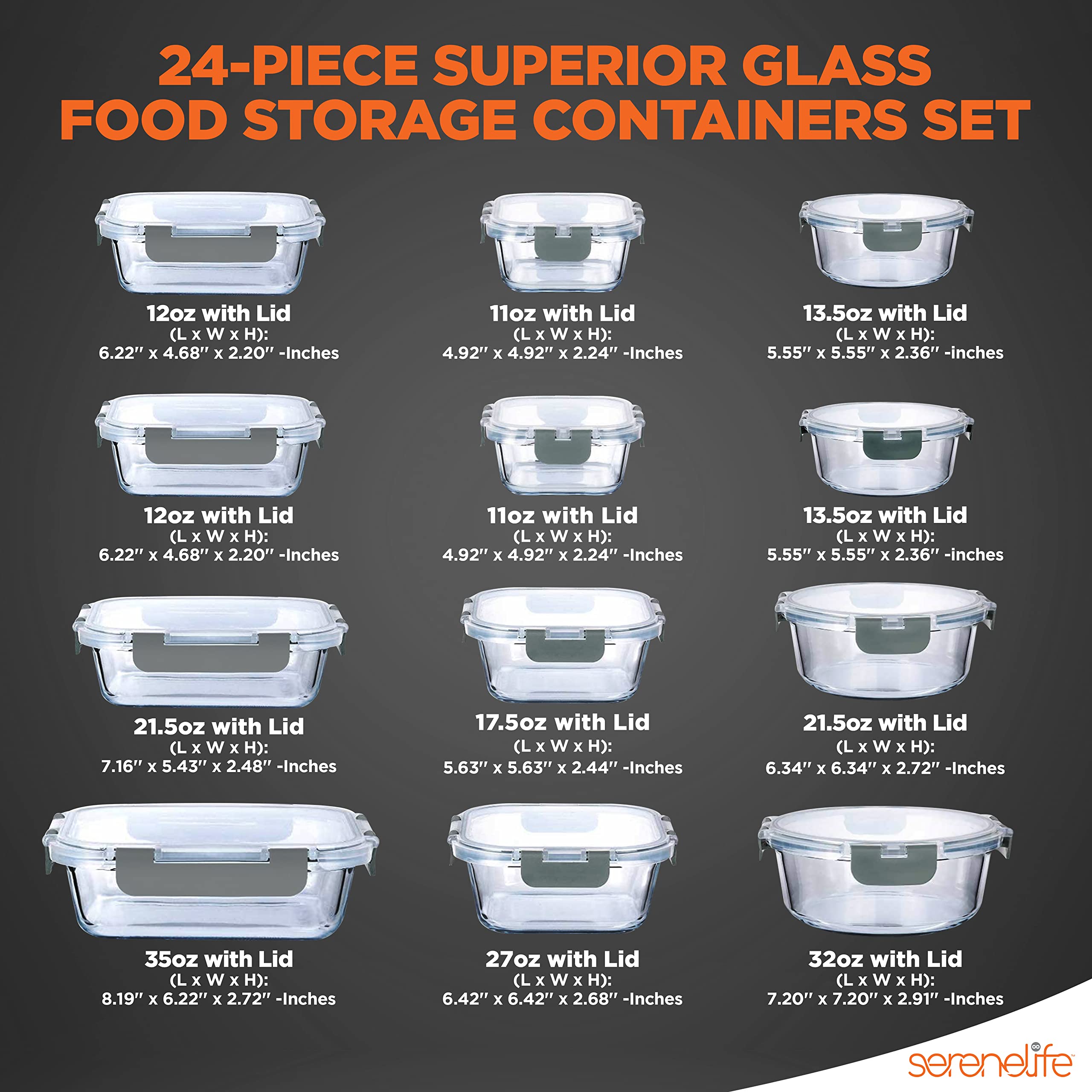SereneLife 24-Piece Glass Food Storage Containers Set with Lids - 12 Pack Airtight Meal Prep Containers for Lunch, Kitchen & Pantry Organization - Leakproof, Freezer & Dishwasher Safe - Perfect for Meal Prepping, Leftovers & Bulk Food Storage (Gray)