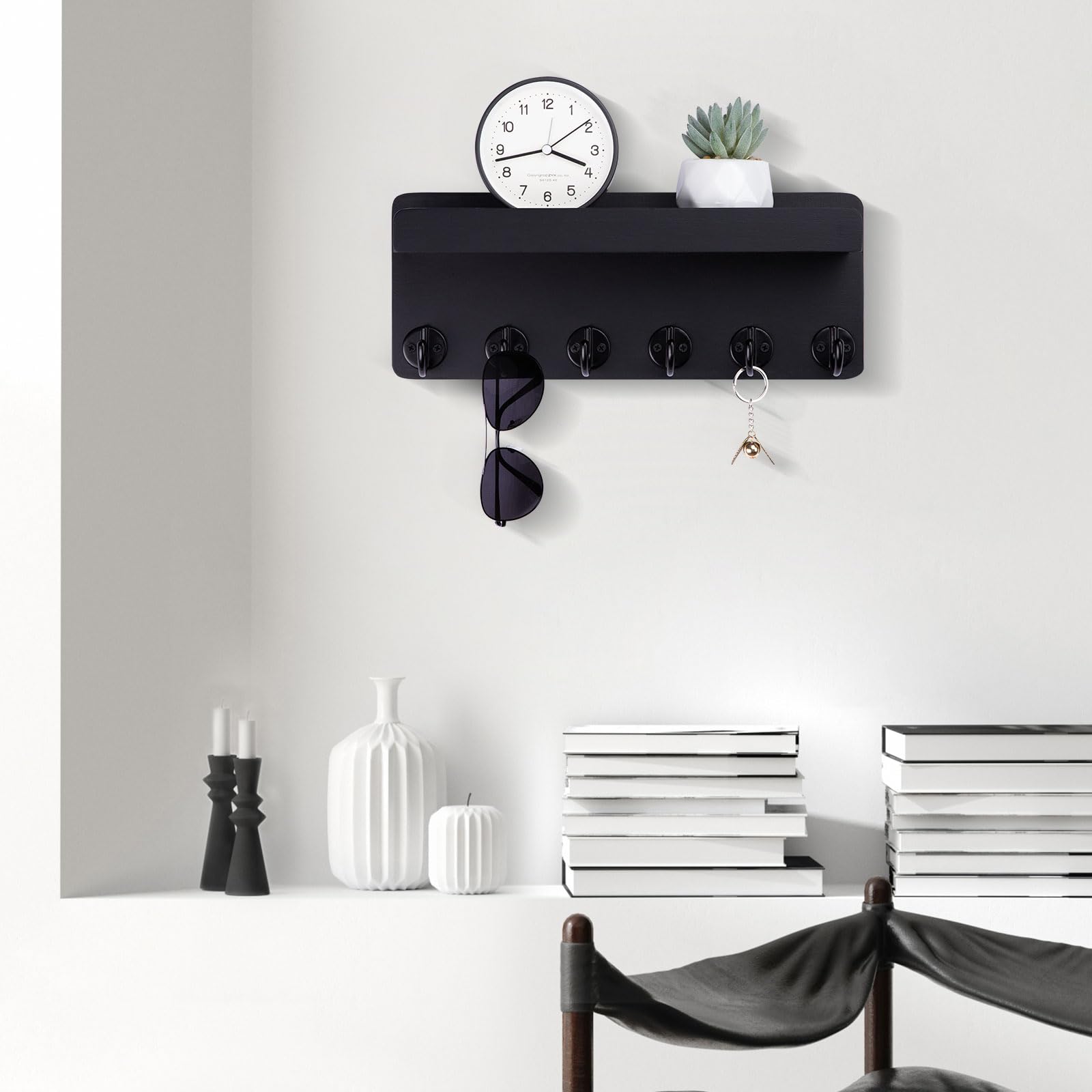 12.9 Inch Wooden Wall Key Holder with 6 Hooks & Display Shelf - Entryway Organizer for Keys, Mail & Small Items - Perfect for Living Room, Kitchen, Hallway & Office (Black)