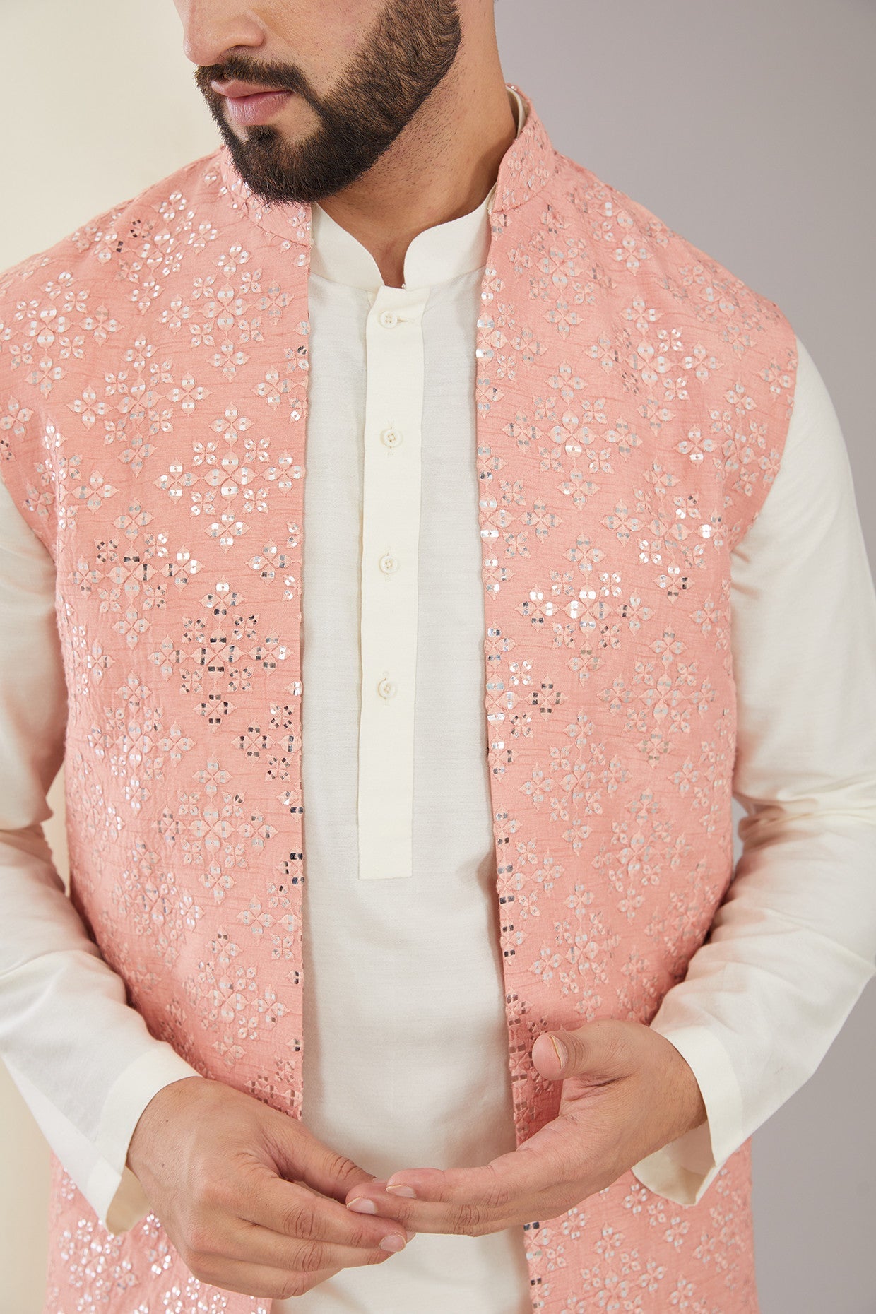 Elegant Peach Mirror Work Long Open Shrug - Boho Chic Embroidered Cover-Up for Women | Perfect for Weddings, Beach Parties & Summer Festivals