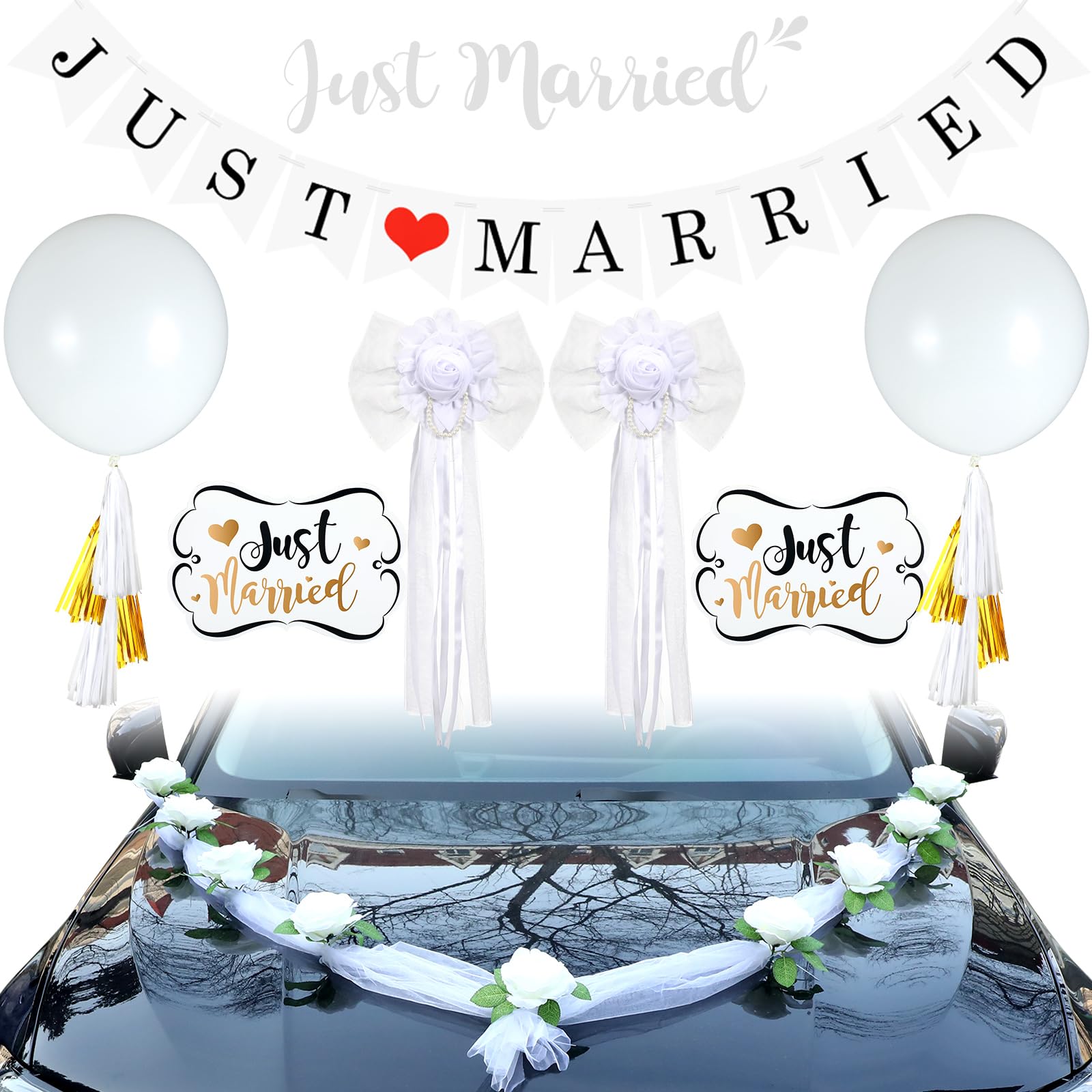 9 Pcs Just Married Car Decorations Set - Magnetic Wedding Car Signs, Banners, Decals & Silk Ribbon Flowers with Pearl Buds - Perfect for Bridal Sendoff, Wedding Procession & Honeymoon Getaway