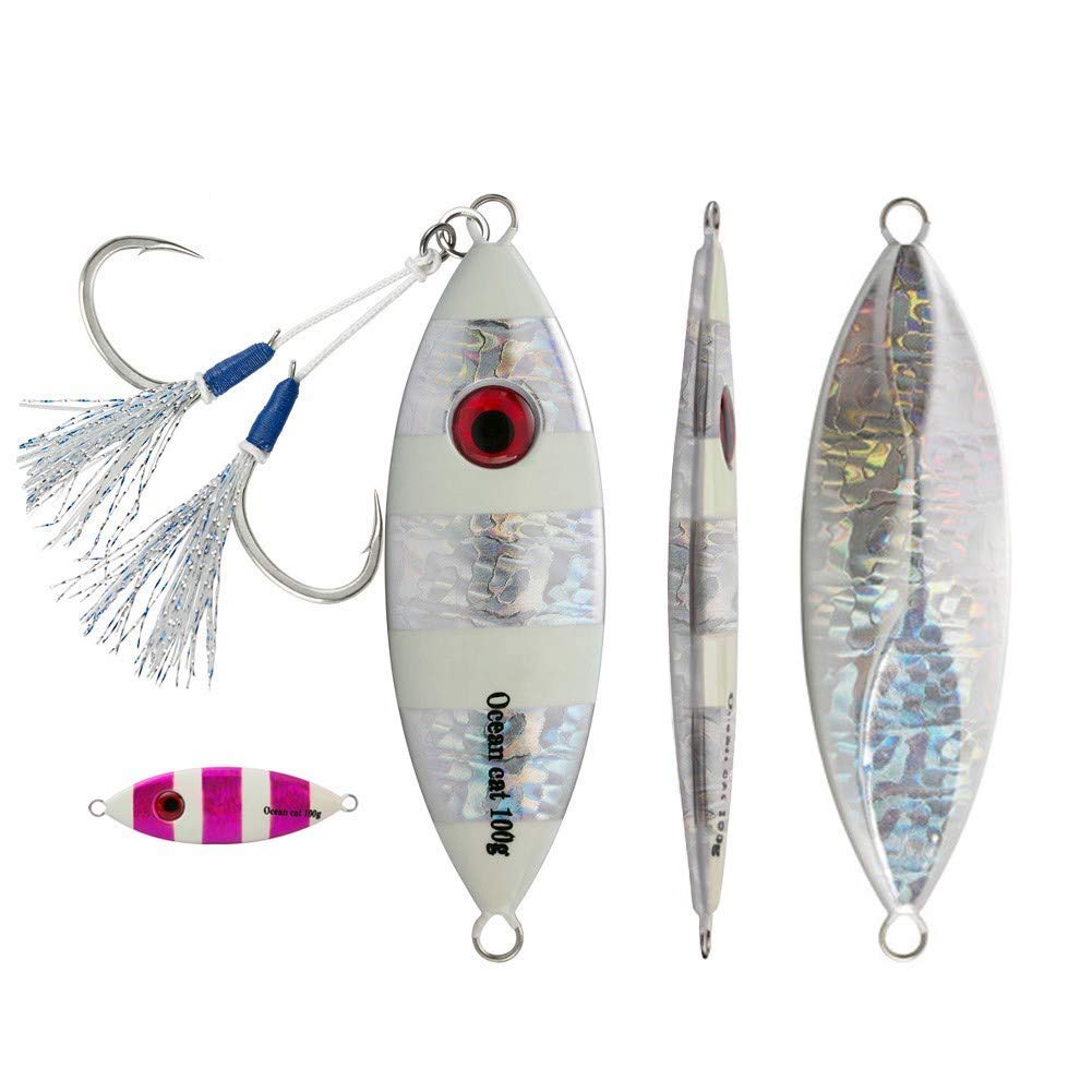 OCEAN CAT Slow Pitch Jig Flat Fall Saltwater Fishing Lures - Lead Metal Sinking Jigging Baits with Sharp Hooks for Tuna, Grouper & Snapper - Perfect for Deep Sea Fishing & Offshore Angling