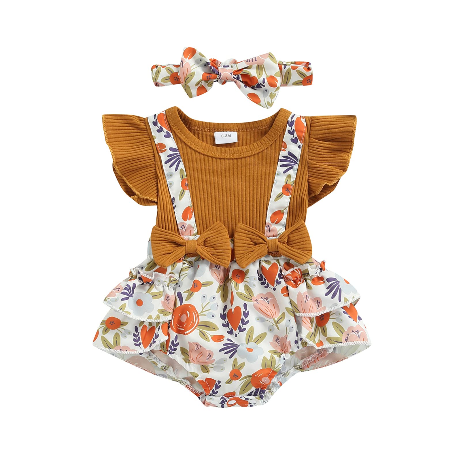 DuAnyozu Newborn Baby Girl Floral Suspender Romper Jumpsuit - Ruffle Sleeveless Onesie Dress Outfit with Headband - Perfect for Summer Photoshoots, Birthday Parties & Family Gatherings