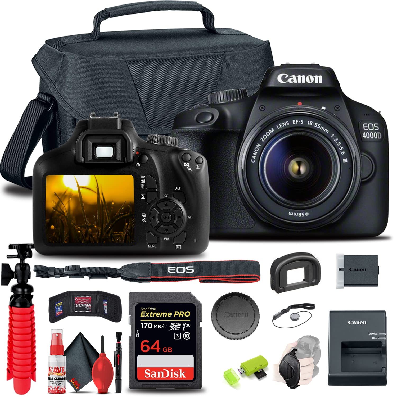 Canon EOS 4000D Rebel T100 DSLR Camera Bundle with 18-55mm Lens | 64GB Memory Card, Case, Tripod & Accessories Kit (Renewed) - Perfect for Beginners, Travel Photography & Vlogging