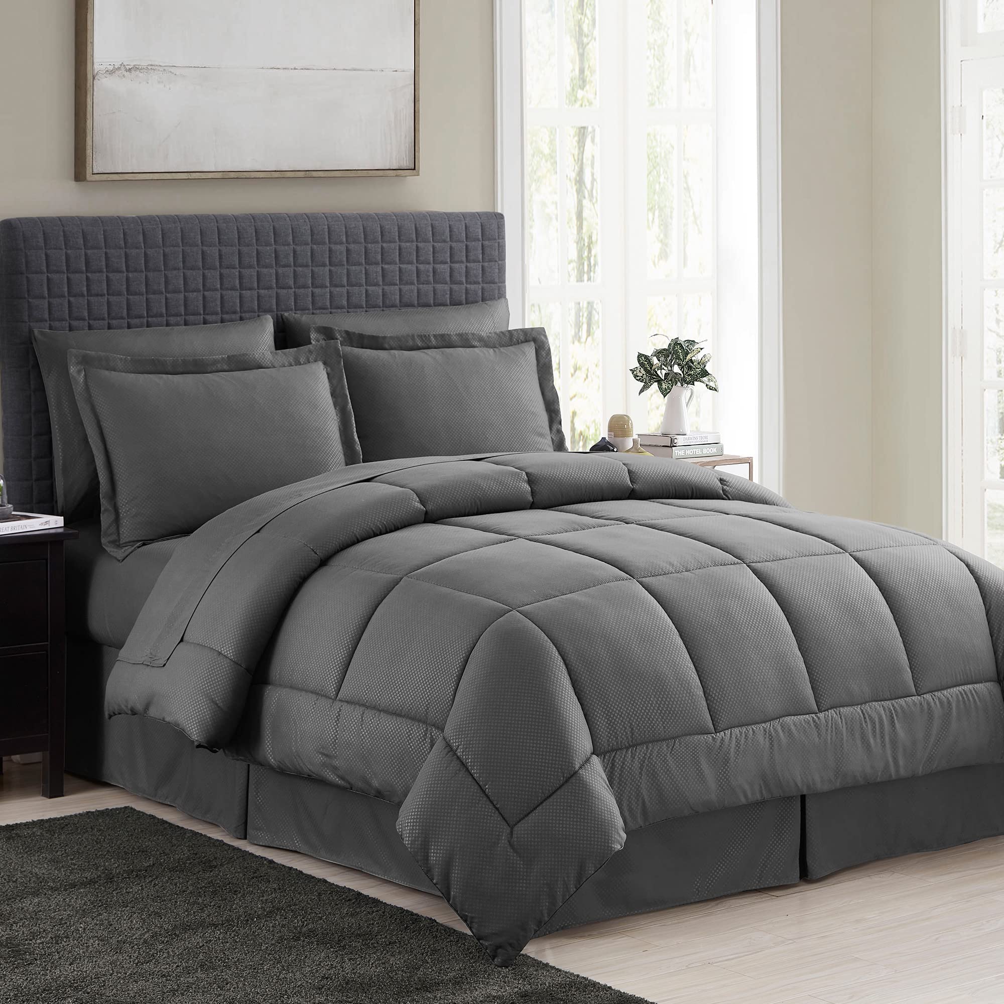 8-Piece Queen Comforter Set - Bed in a Bag with Bed Skirt, Fitted Sheet, Flat Sheet, 2 Pillowcases & 2 Shams - Checkered Gray Bedding - Perfect for Master Bedroom, Guest Room & Dorm Decor