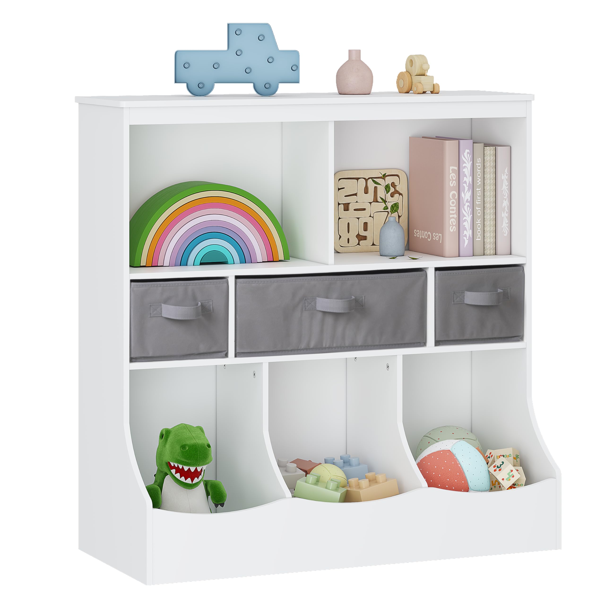 UTEX Kids Toy Storage Organizer with Bookcase - 8 Compartments & 3 Baskets, White Multi-Shelf Cubby for Books, Toys & Games - Perfect for Playrooms, Bedrooms & Daycare Centers