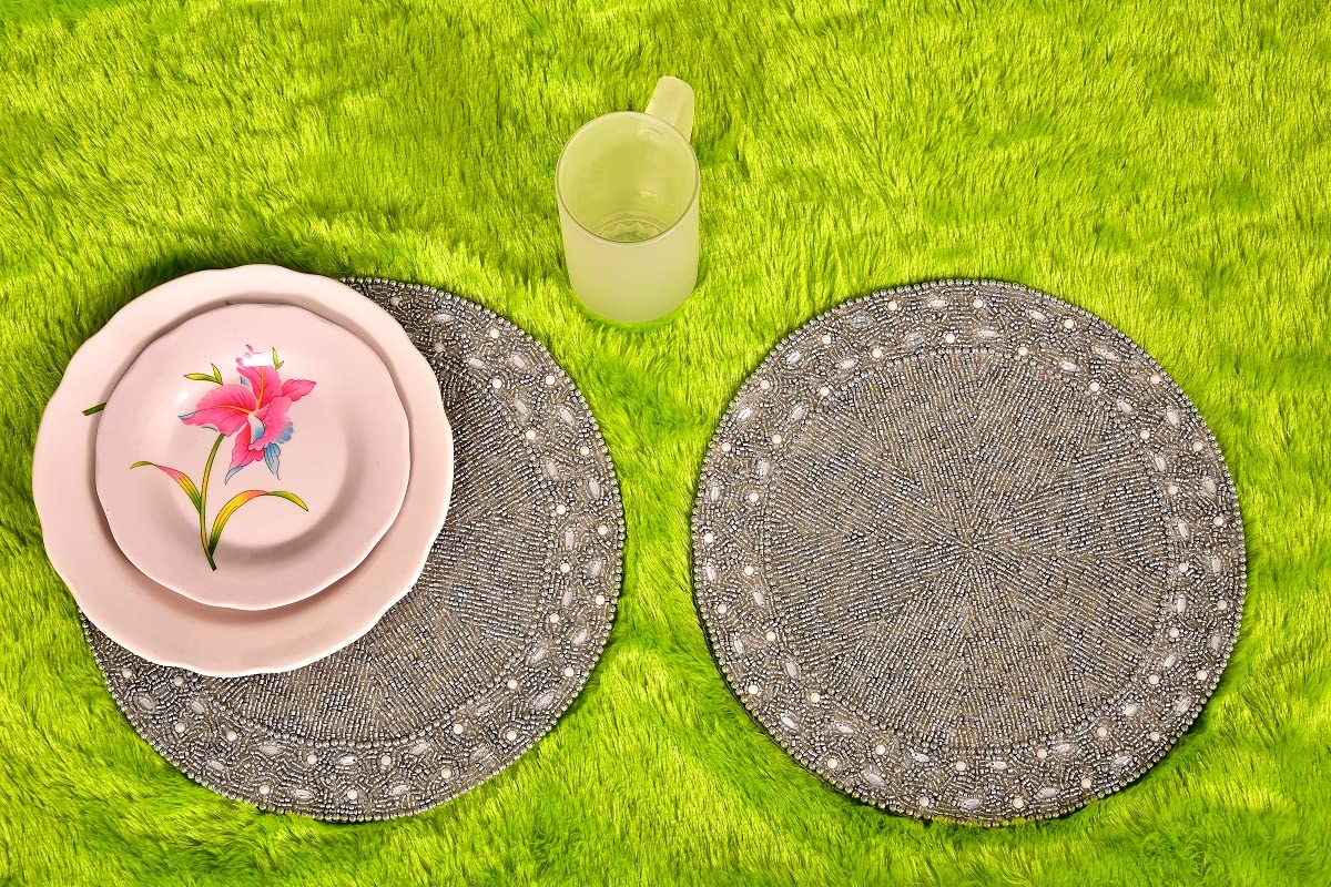 HM Creations Treasures Silver Beaded Placemats - Luxury 13x13 Inch Table Mats, Designer Charger Plates for Spring Dining Decor, Wedding & Holiday Table Settings (Set of 6)