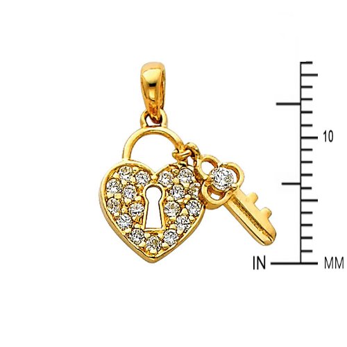 14K Yellow Gold CZ Heart Lock & Key Pendant Necklace with 0.65mm Box Chain - Romantic Gift for Valentine's Day, Anniversary & Special Occasions