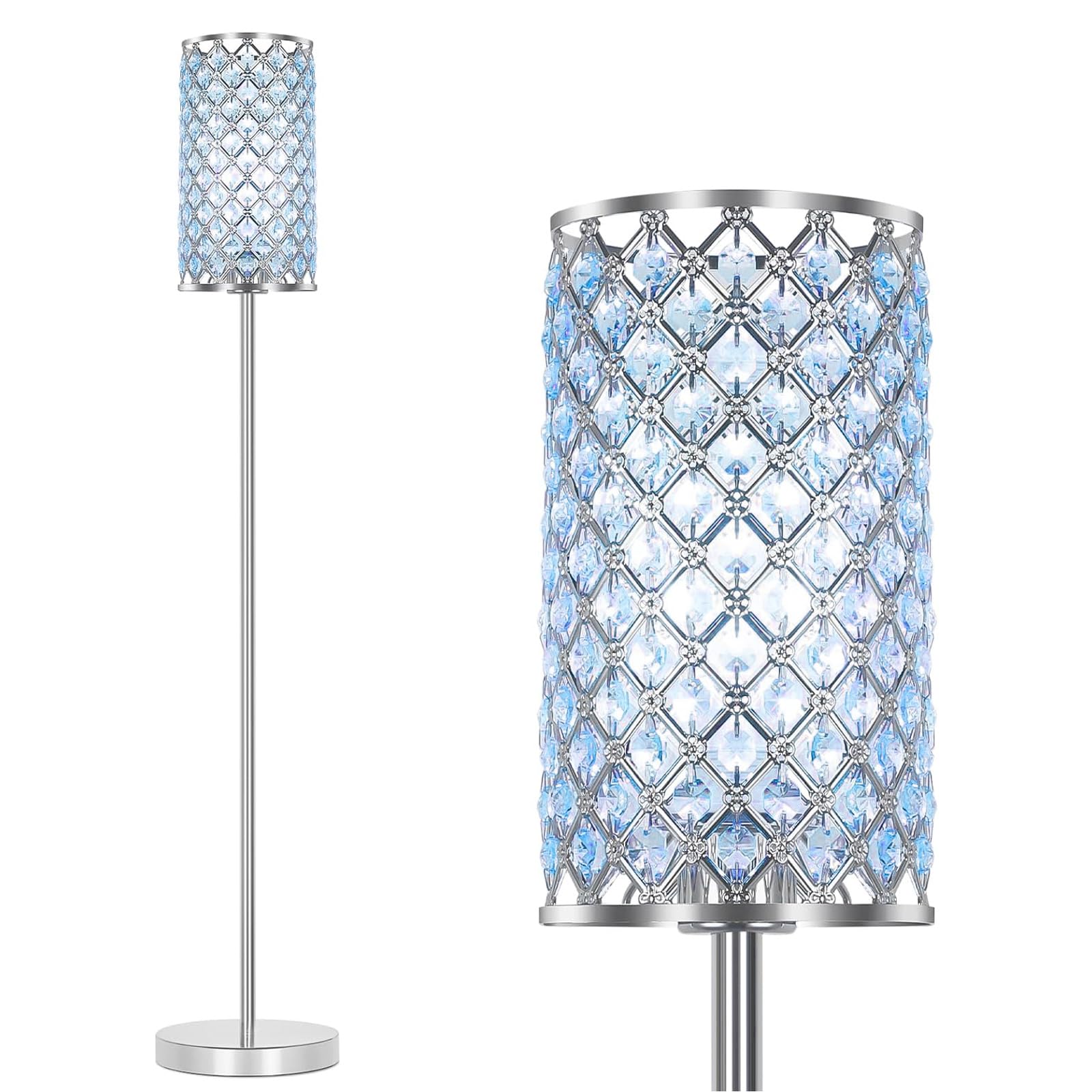 Crystal Floor Lamp with Teal Shade - Elegant Silver Standing Light for Living Room, Bedroom, Office & Dresser | Tall Pole Lamp with E26 Base | Perfect for Girls Room, Reading Nook & Home Decor
