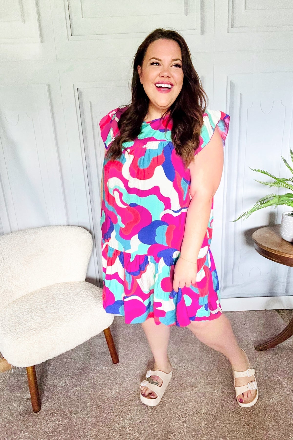 Go For Fun Fuchsia Geo Print Tiered Ruffle Sleeve Woven Dress for Women | Summer Casual Party Wear | Perfect for Beach Vacations, Date Nights & Outdoor Events