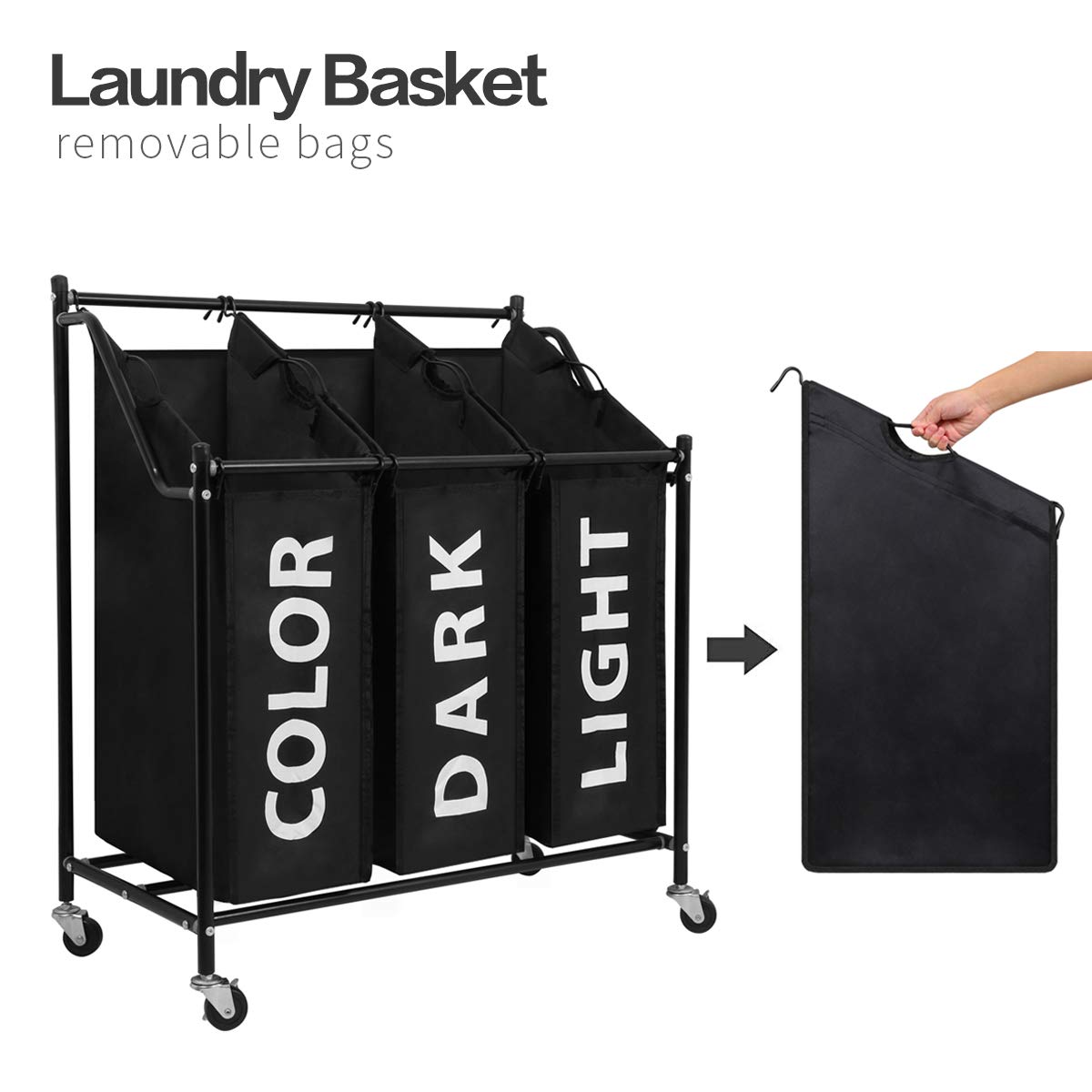 3-Section Laundry Hamper with Wheels & Removable Fabric Bags - 45L x 3, Metal Frame, Black - Perfect for Bedroom, Laundry Room & Dorm Organization
